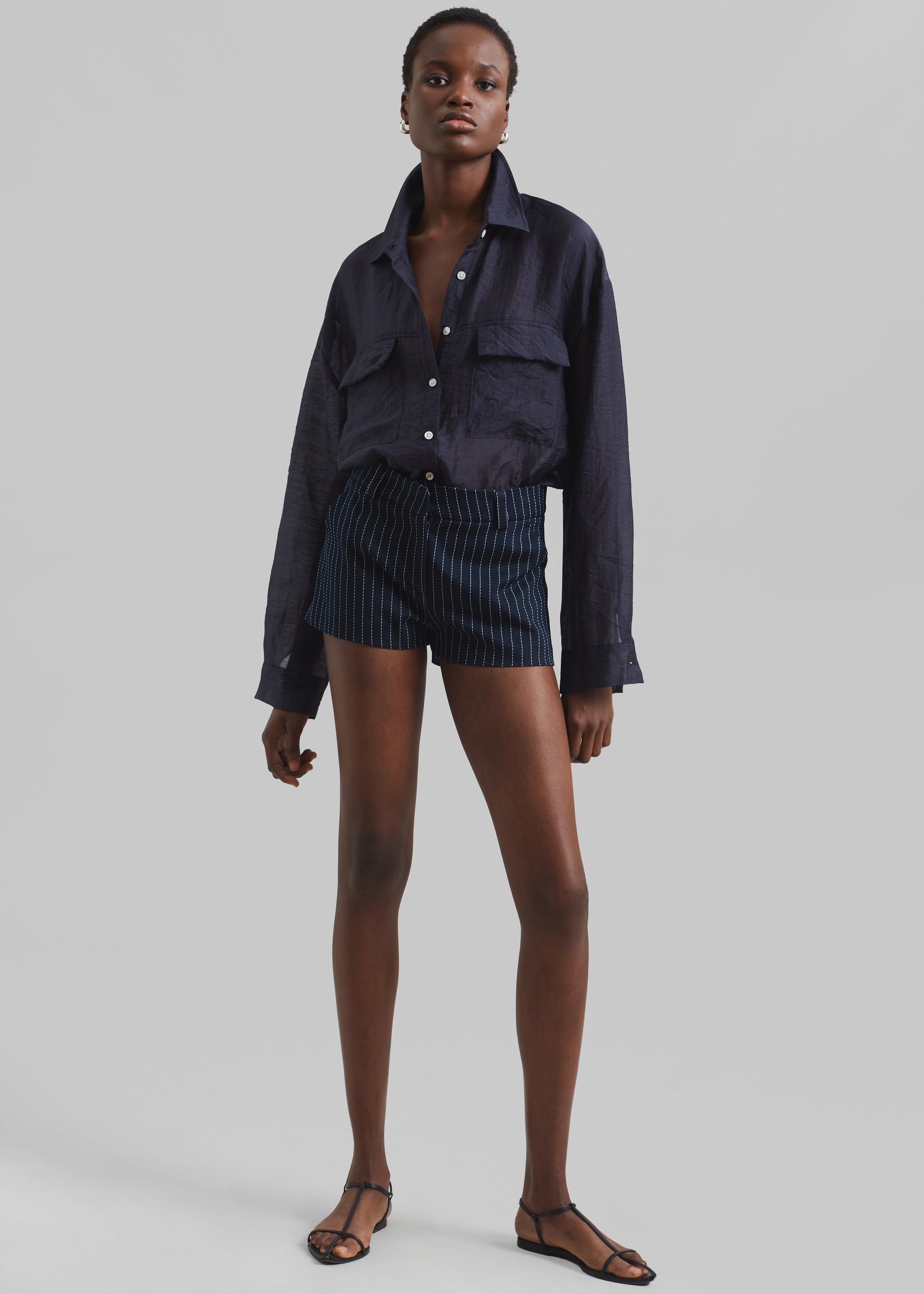 Shop the look image for Kate Twill Mini Shorts - Navy/White Pinstripe