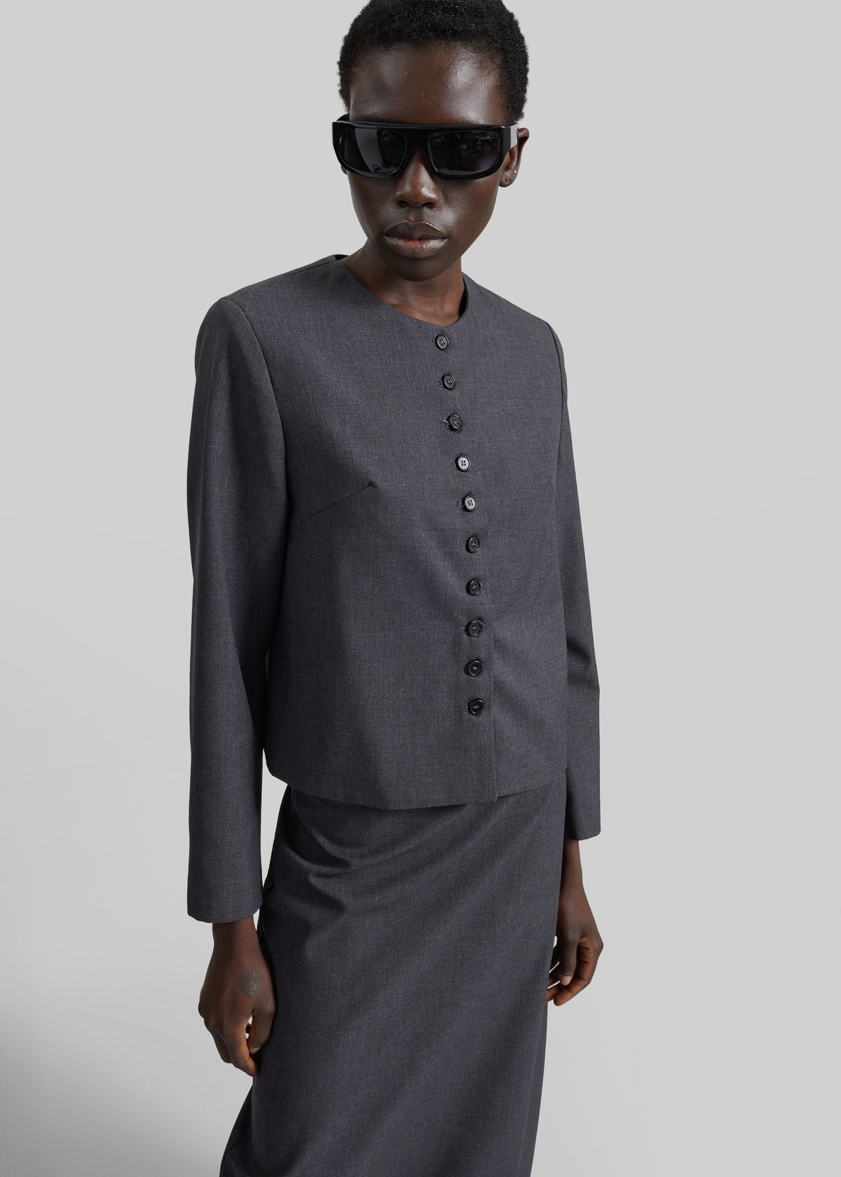 Katya Button-Up Boxy Top - Dark Grey Melange - 1