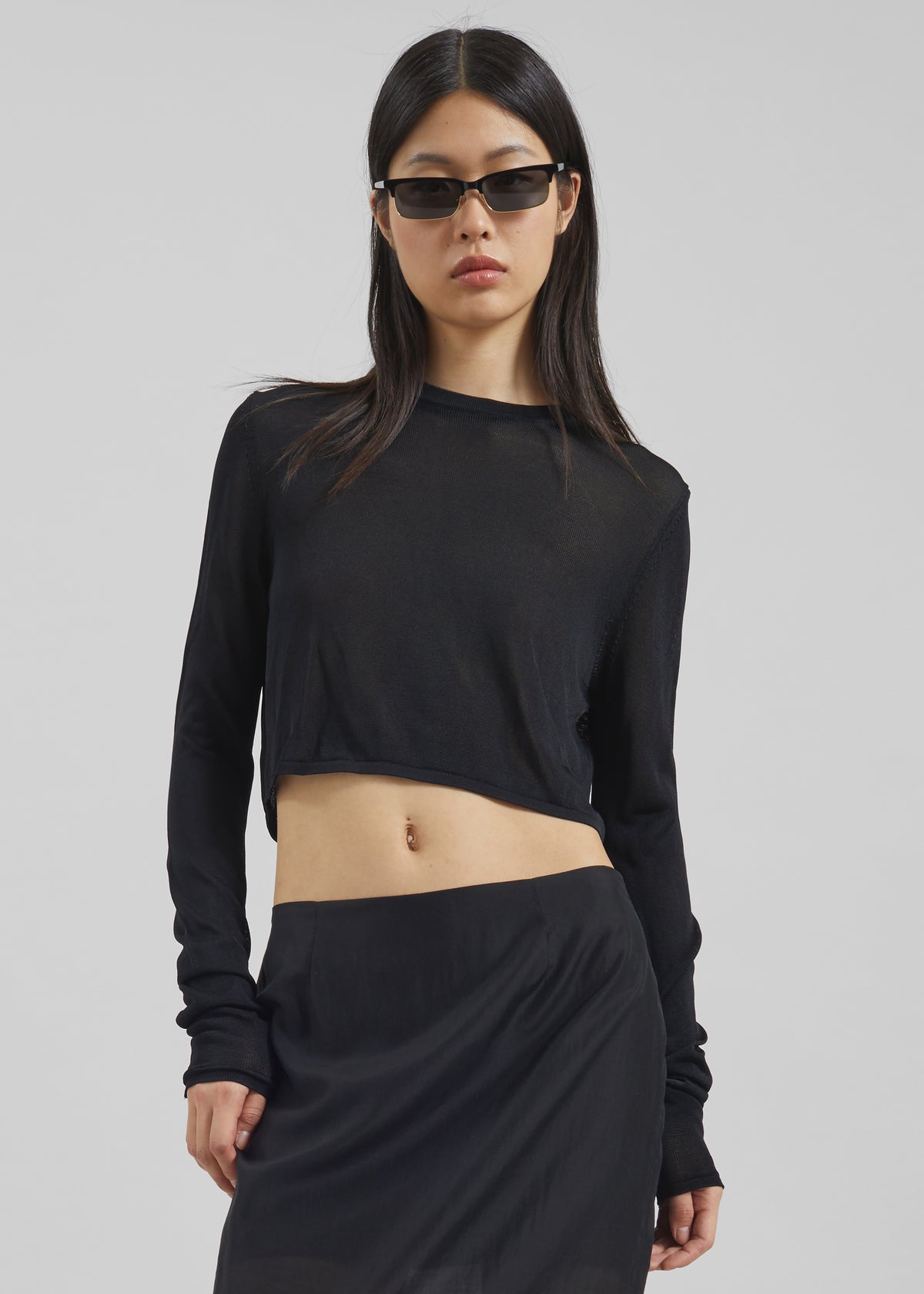 Kazel Cropped Thin Knit Top - Black - 1