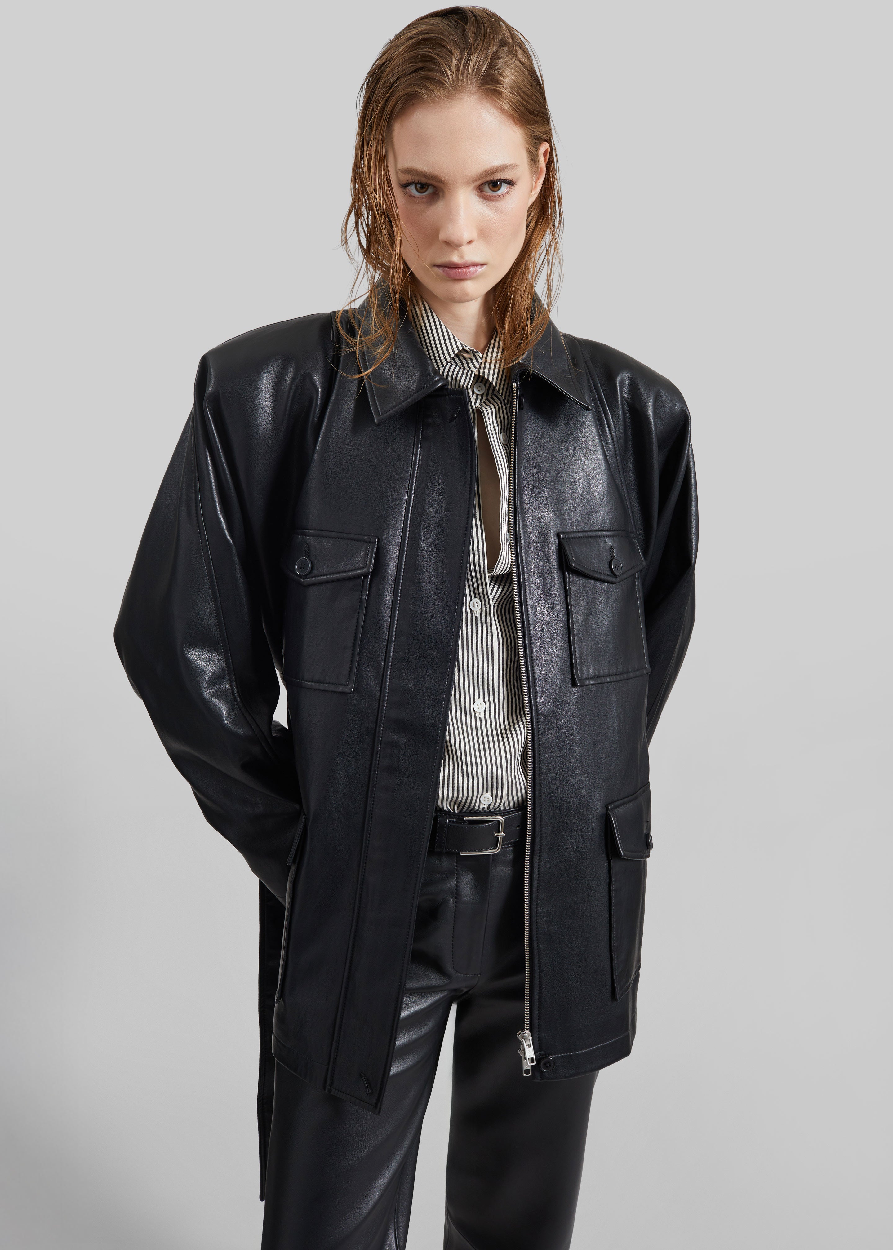 Kelia Faux Leather Padded Utility Jacket - Black - 8