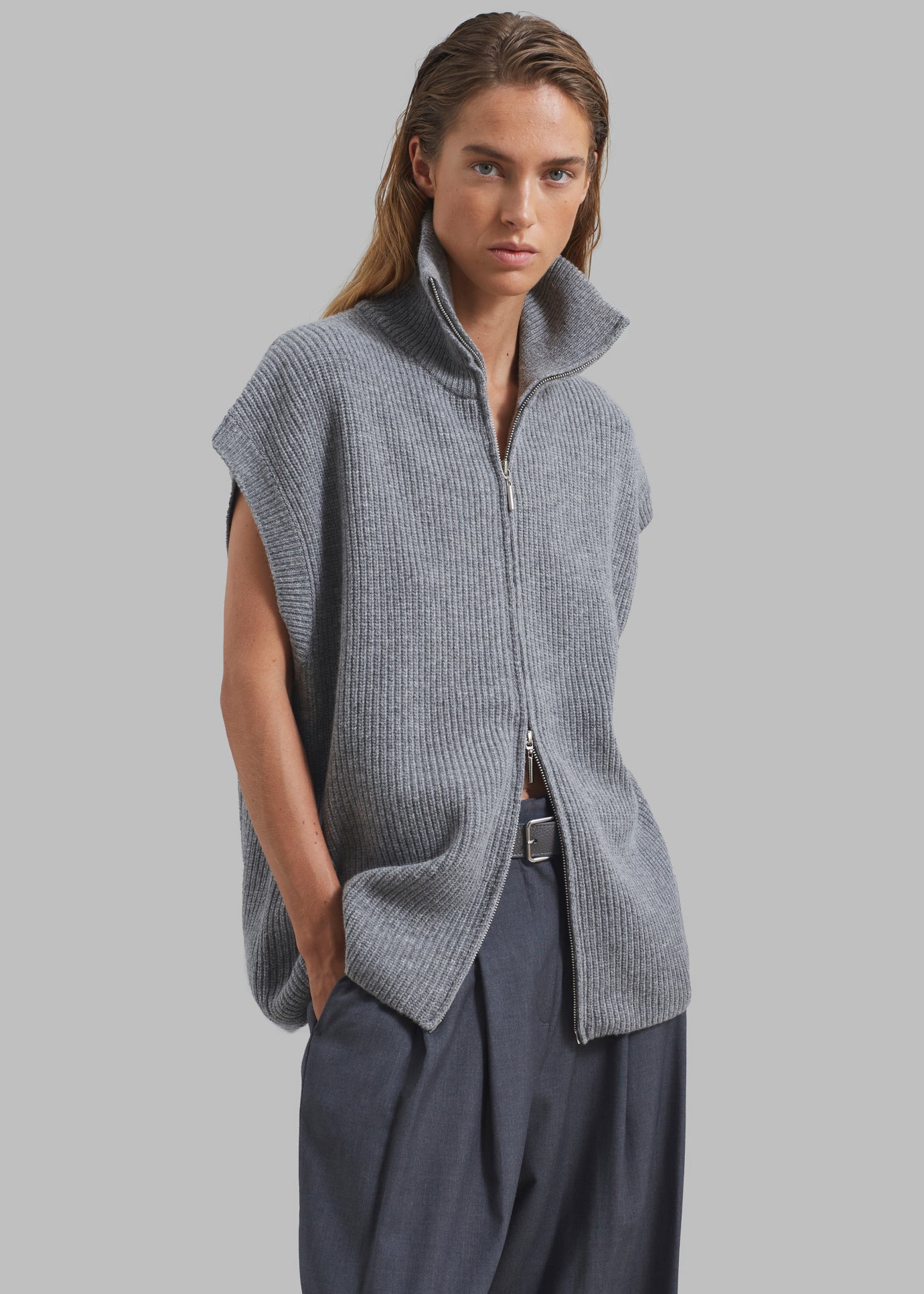 Kellan Wool Blend Sleeveless Zip Turtleneck - Grey - 1