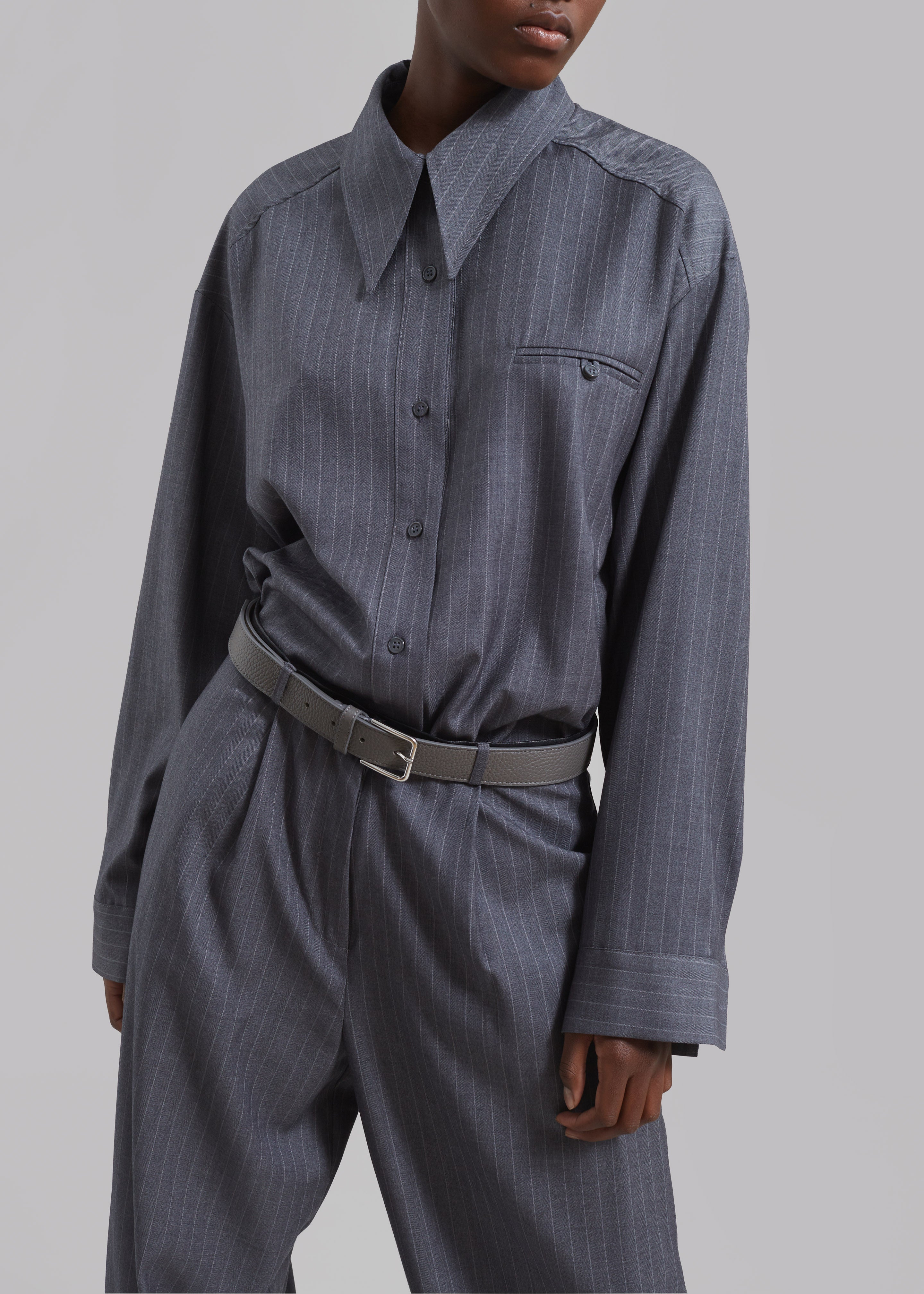 Kerry Button Up Shirt - Grey Pinstripe - 5
