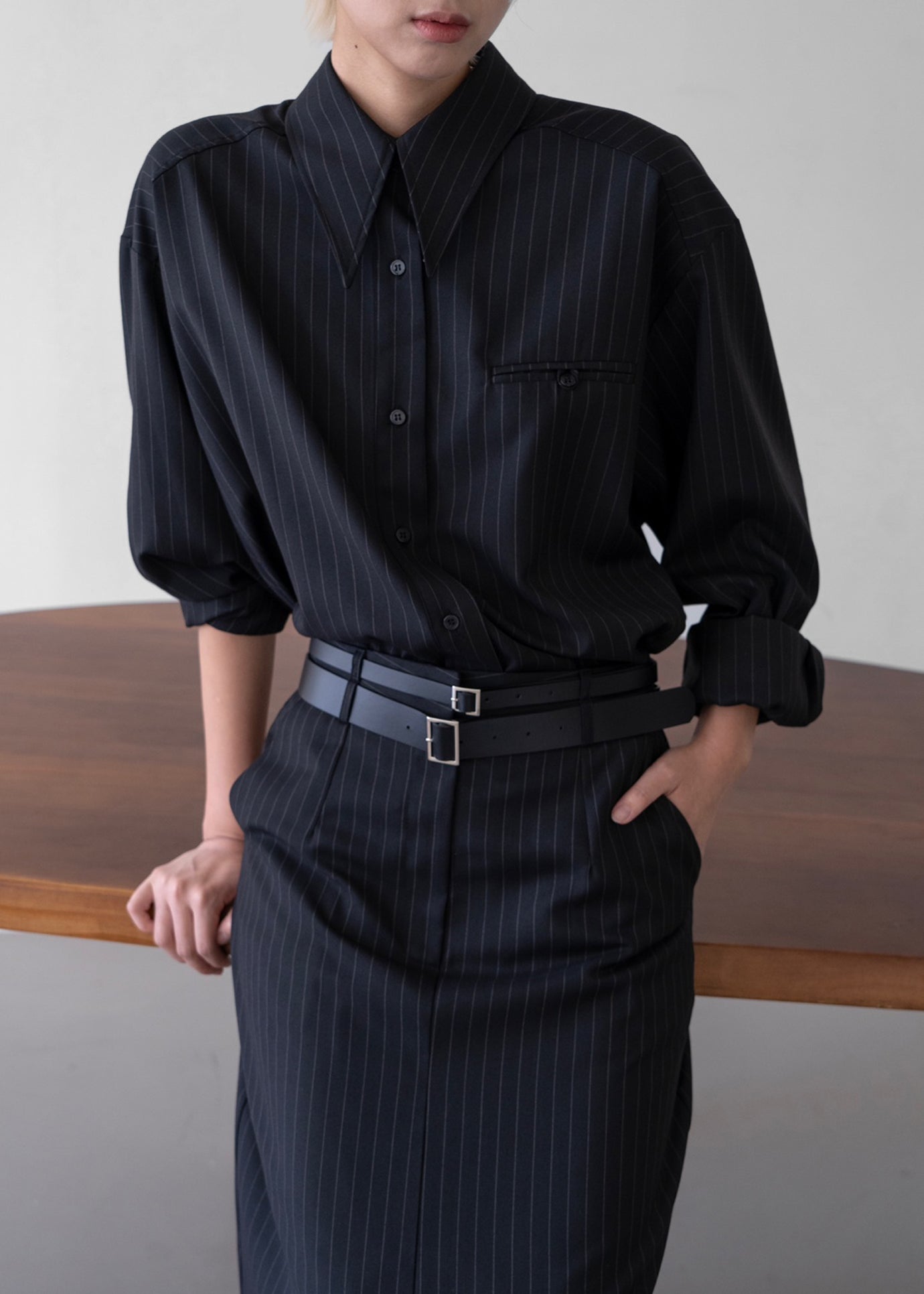 Kerry Button Up Shirt - Black Pinstripe