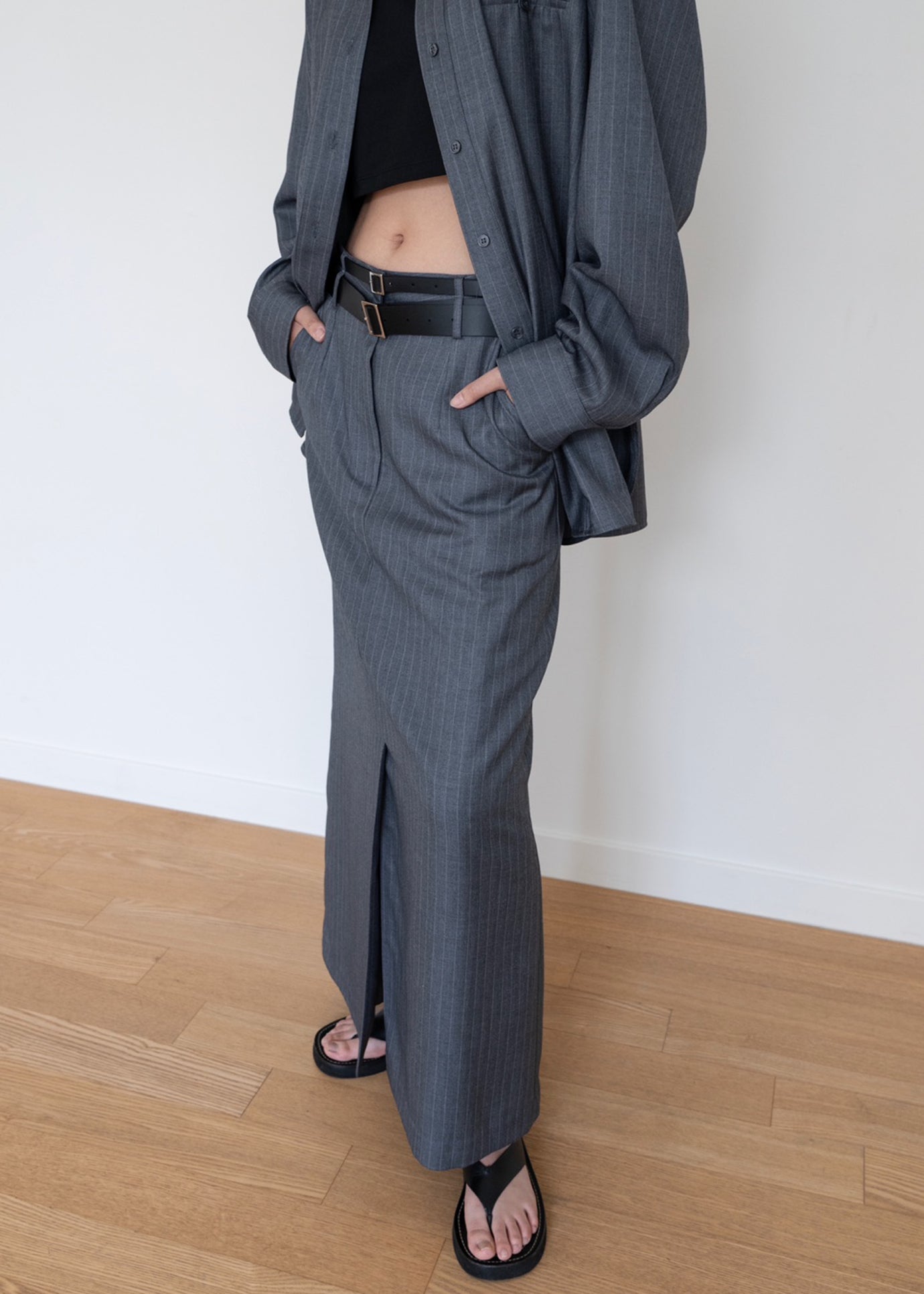 Kerry Maxi Skirt - Grey Pinstripe - 1
