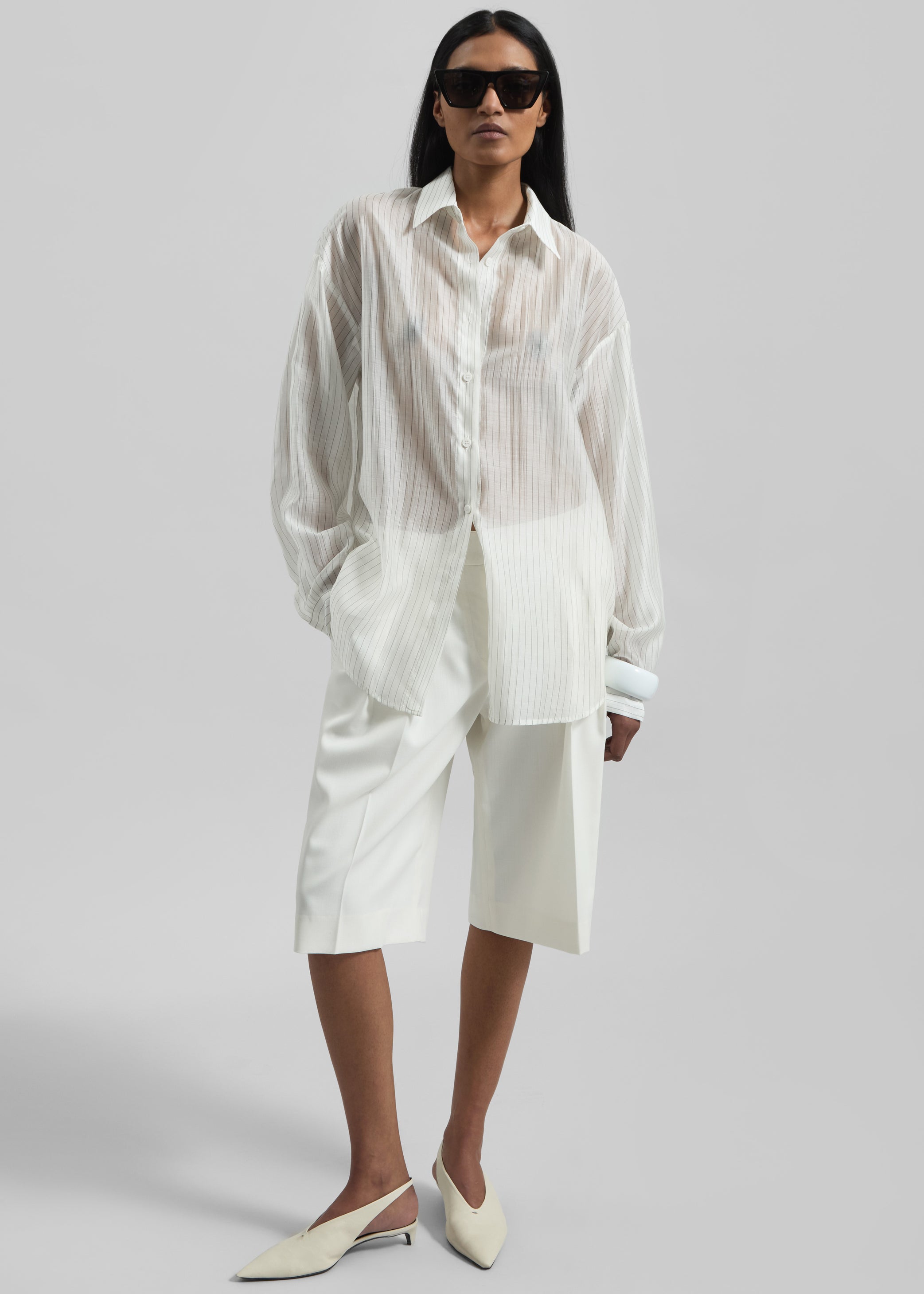 Shop the look image for Kesin Open Back Shirt - White/Grey Stripe