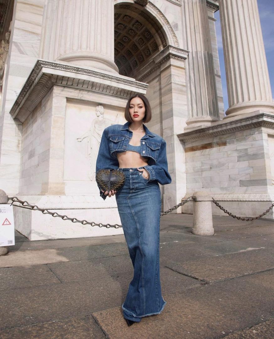Influencer photographed wearing The Frankie Shop Kett cropped jacket. 