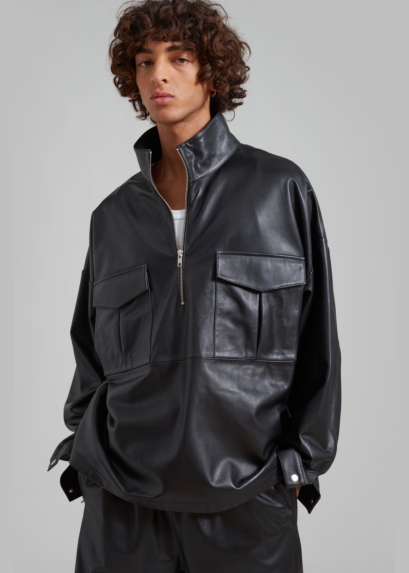 Kevin Leather Half Zip Shirt - Black