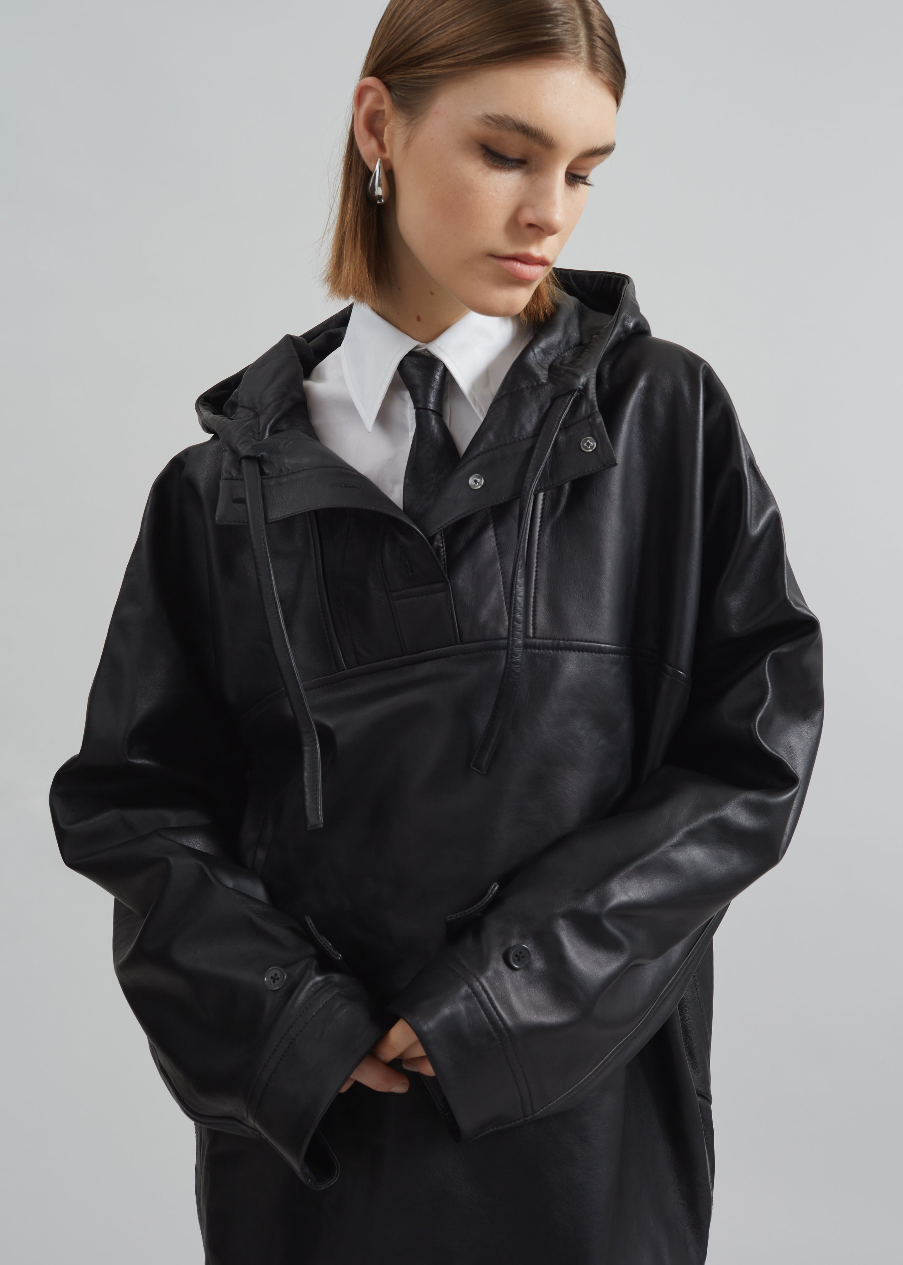 Kevin Leather Hooded Overshirt - Black - 8