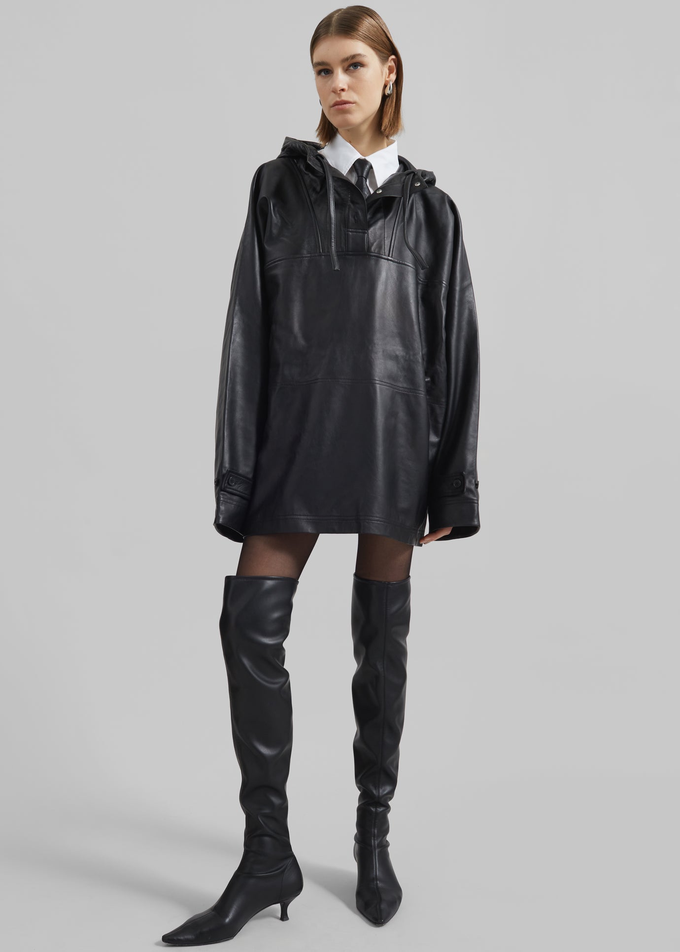 Kevin Leather Hooded Overshirt - Black - 1