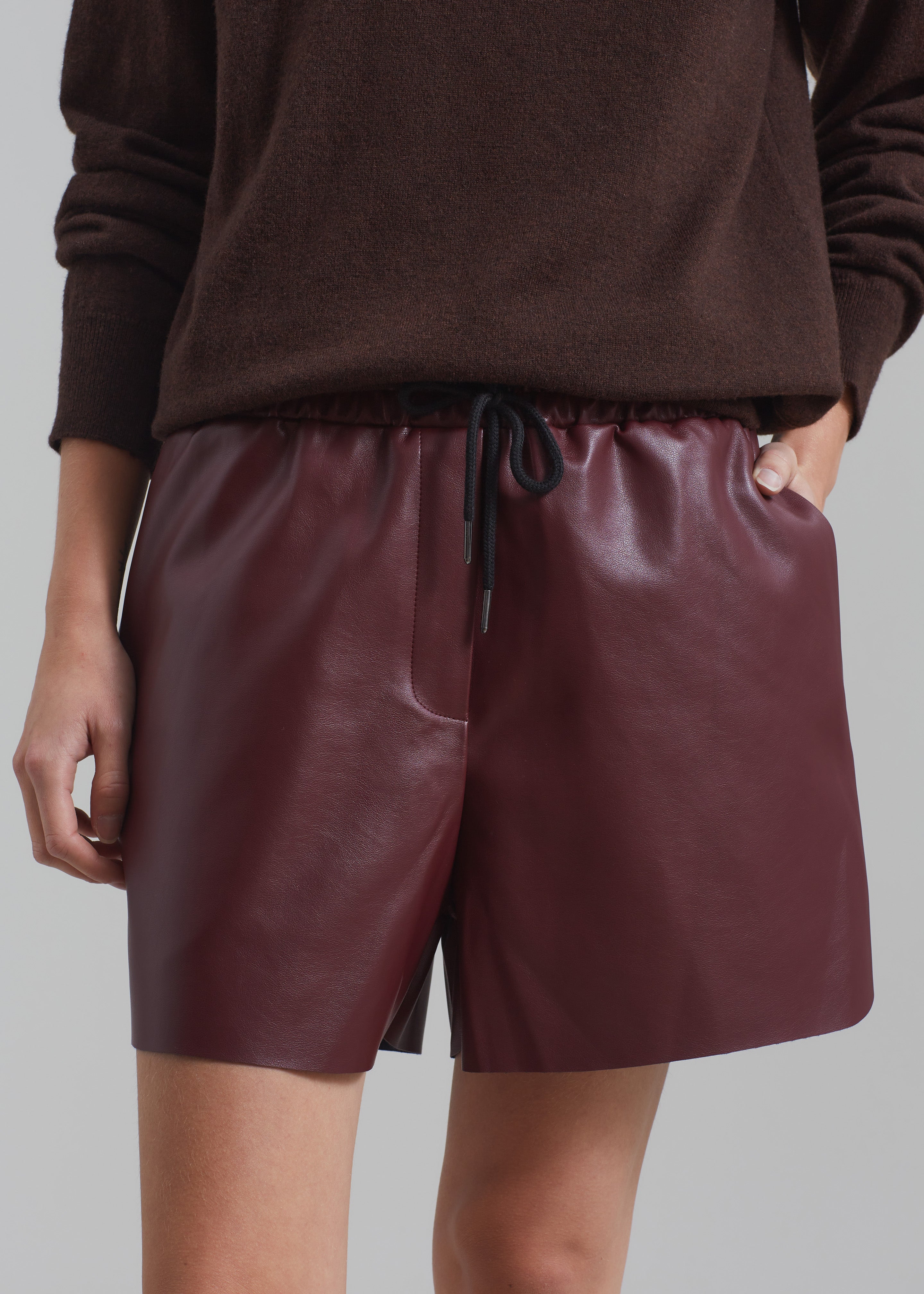 Kine Faux Leather Shorts - Burgundy - 3