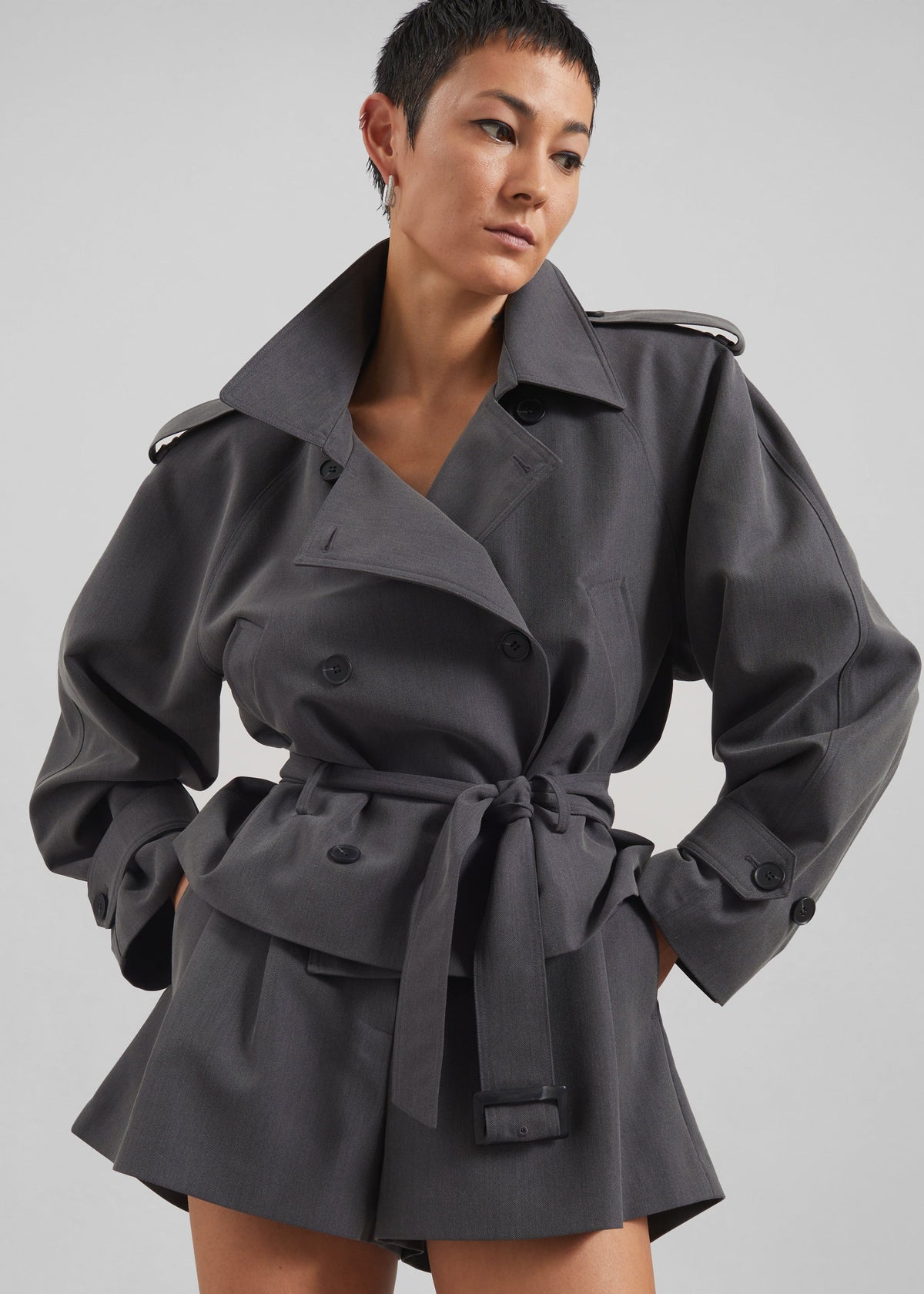 Kinsley Cropped Trench Jacket - Grey - 2