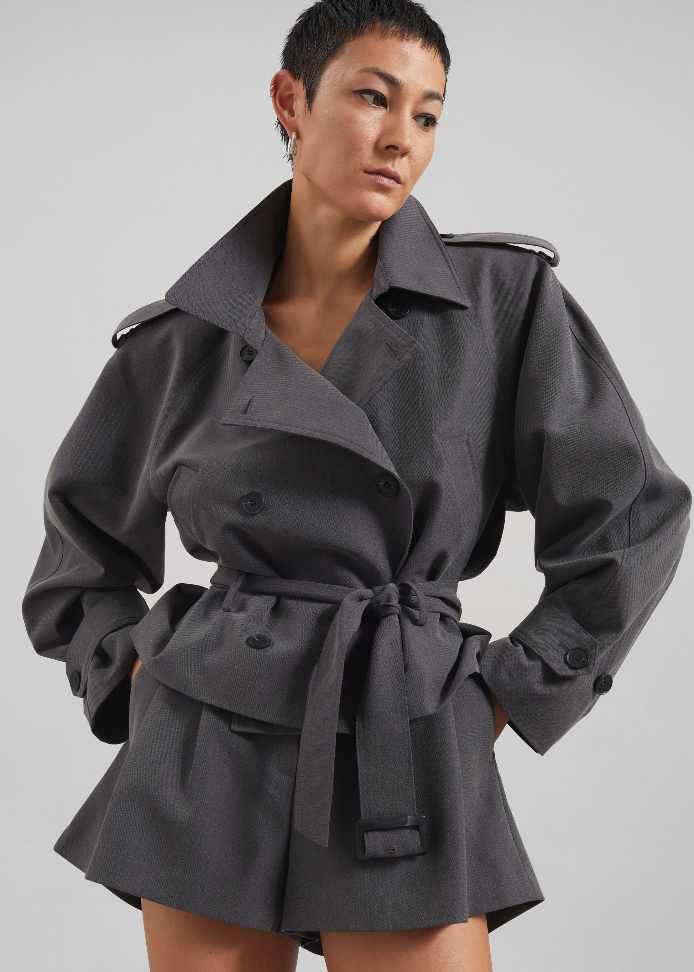 Kinsley Cropped Trench Jacket - Grey - 2