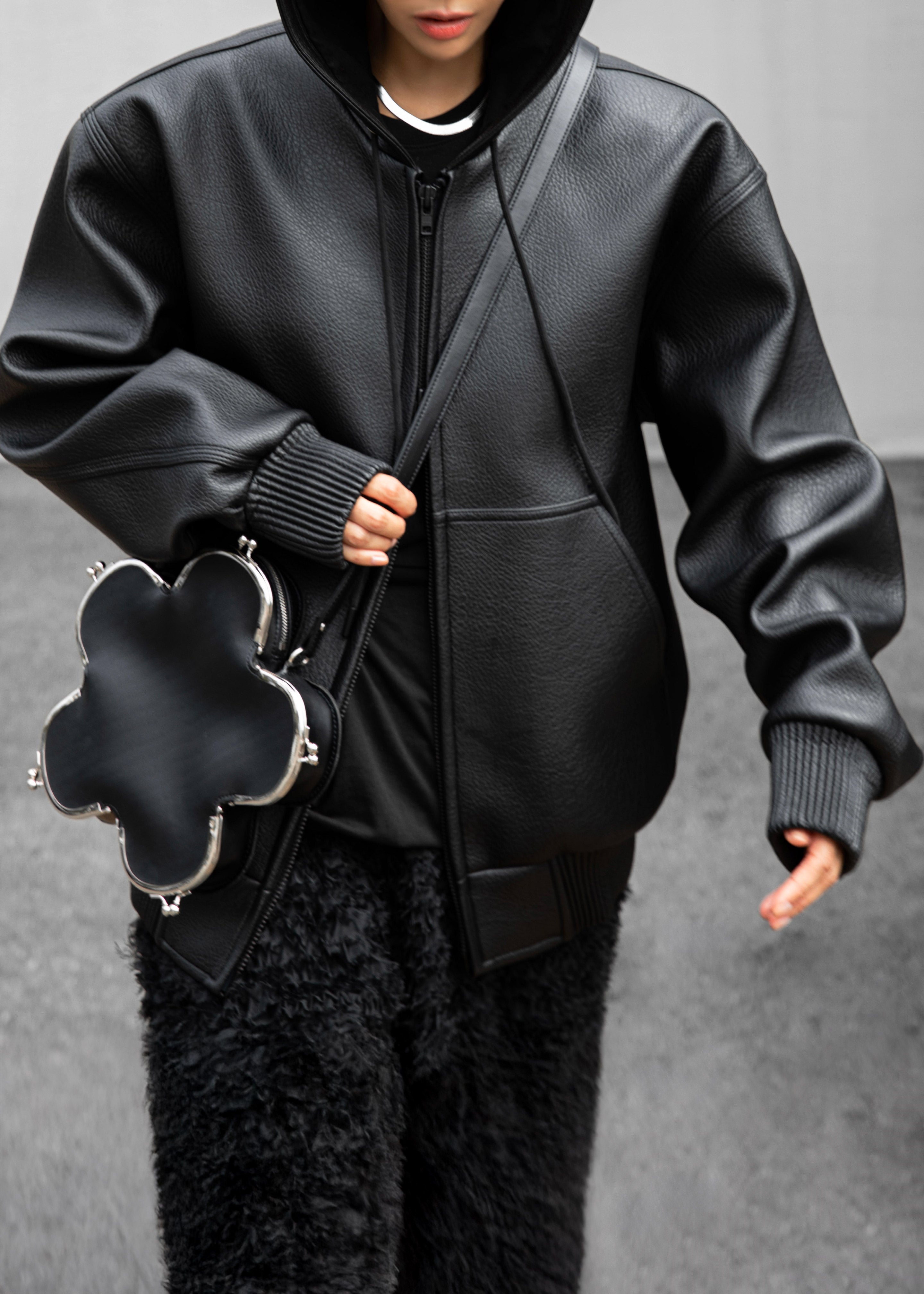 Kodai Faux Leather Bomber Jacket - Black - 10