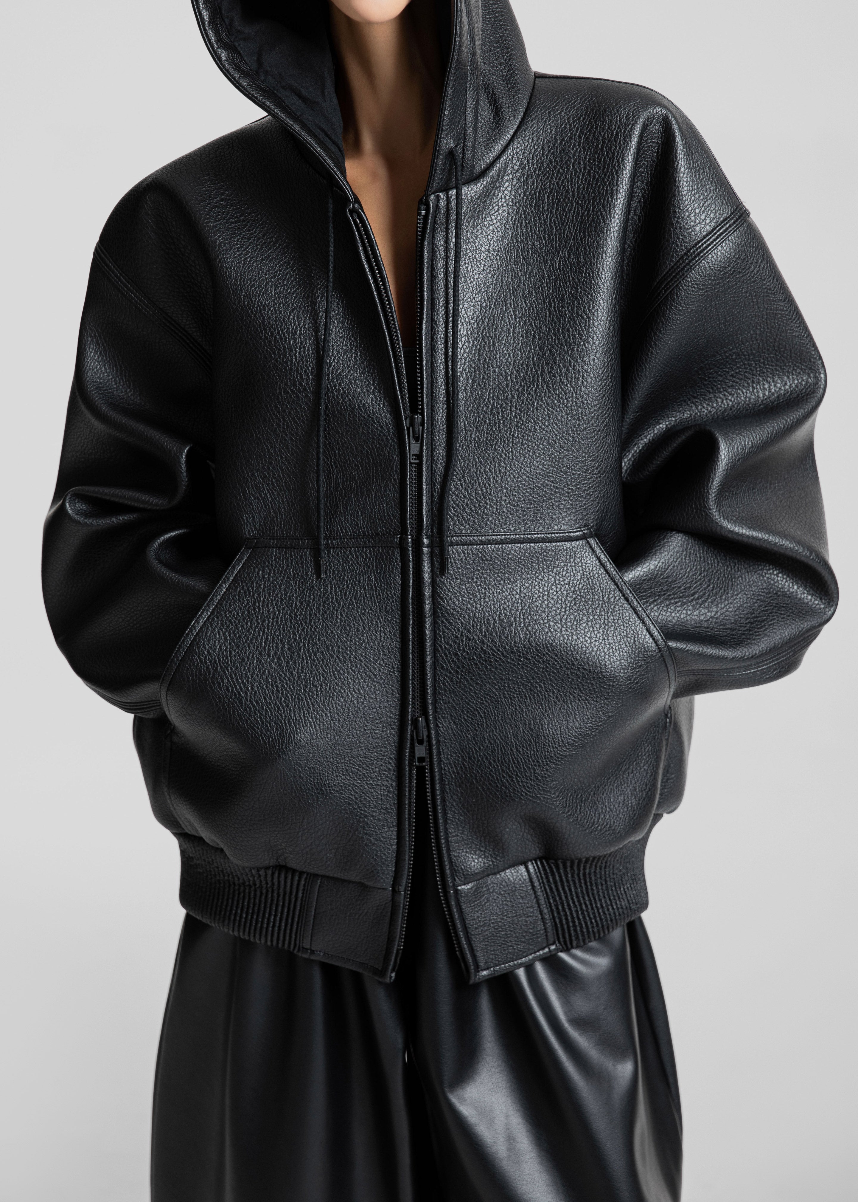 Kodai Faux Leather Bomber Jacket - Black - 2