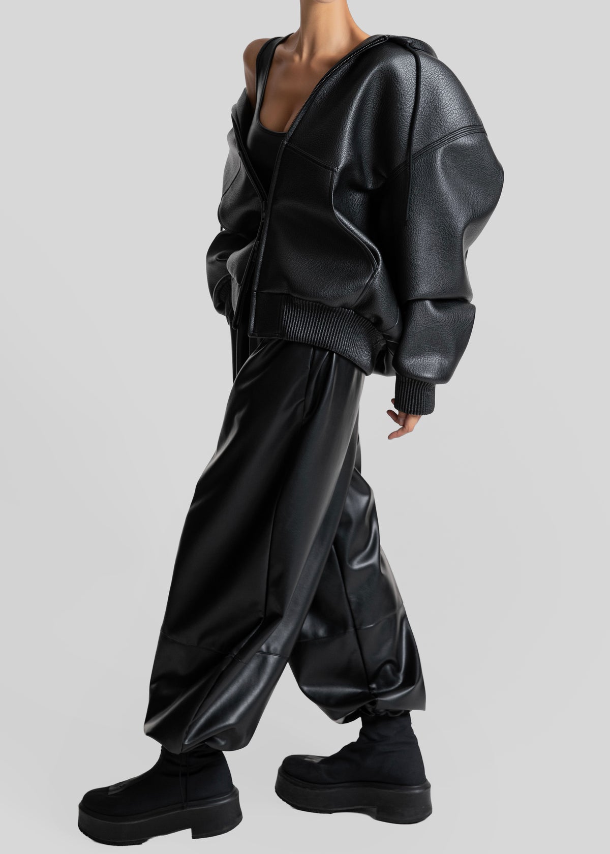 Kodai Faux Leather Bomber Jacket - Black - 6