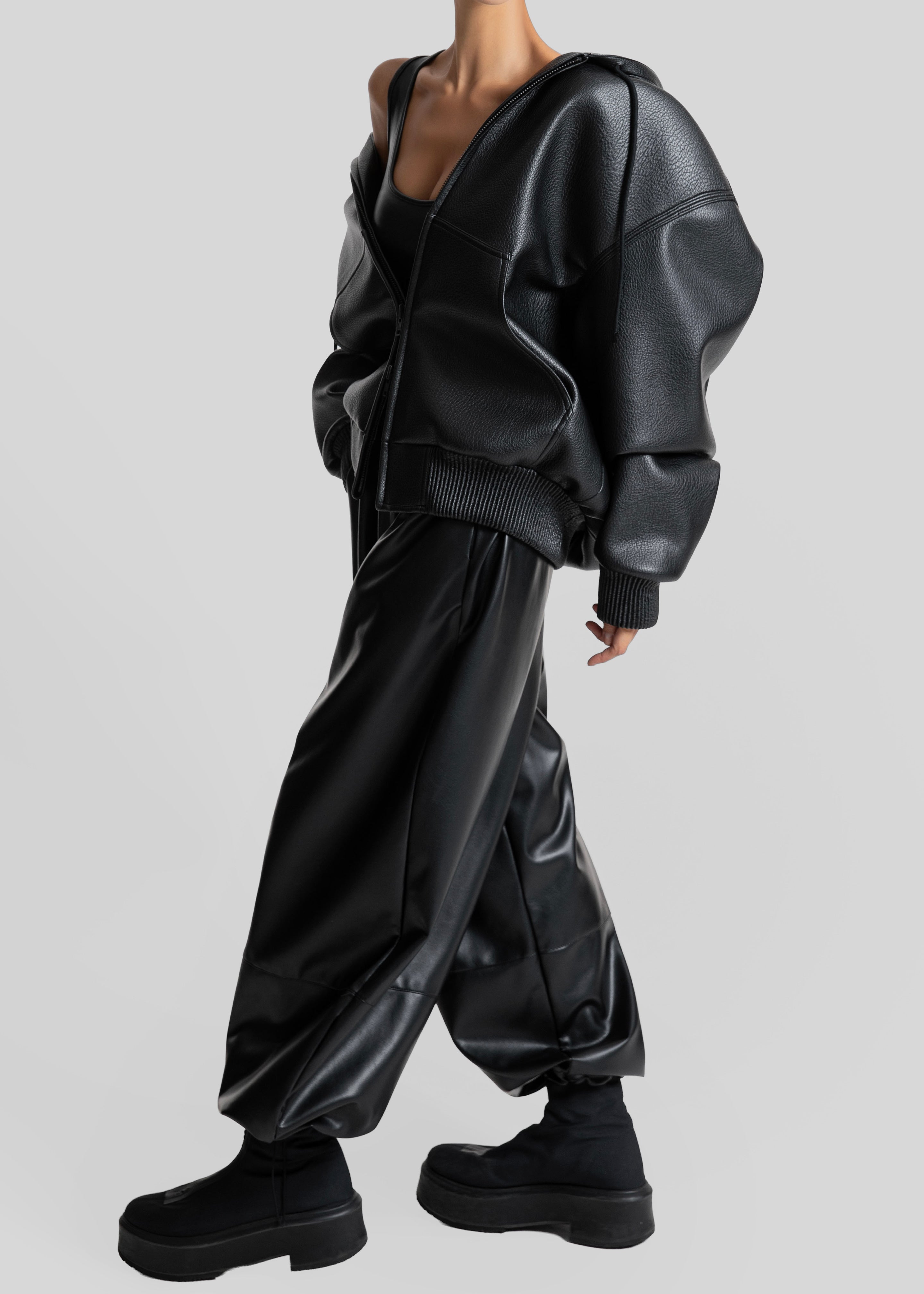 Kodai Faux Leather Bomber Jacket - Black - 6