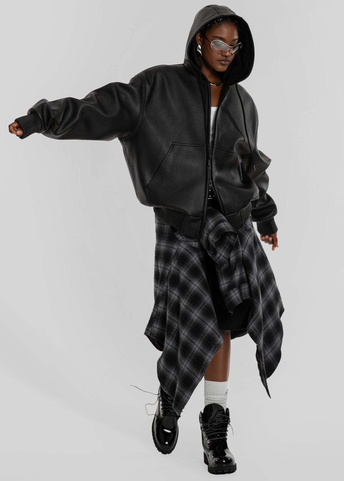 Kodai Faux Leather Bomber Jacket - Black - 11