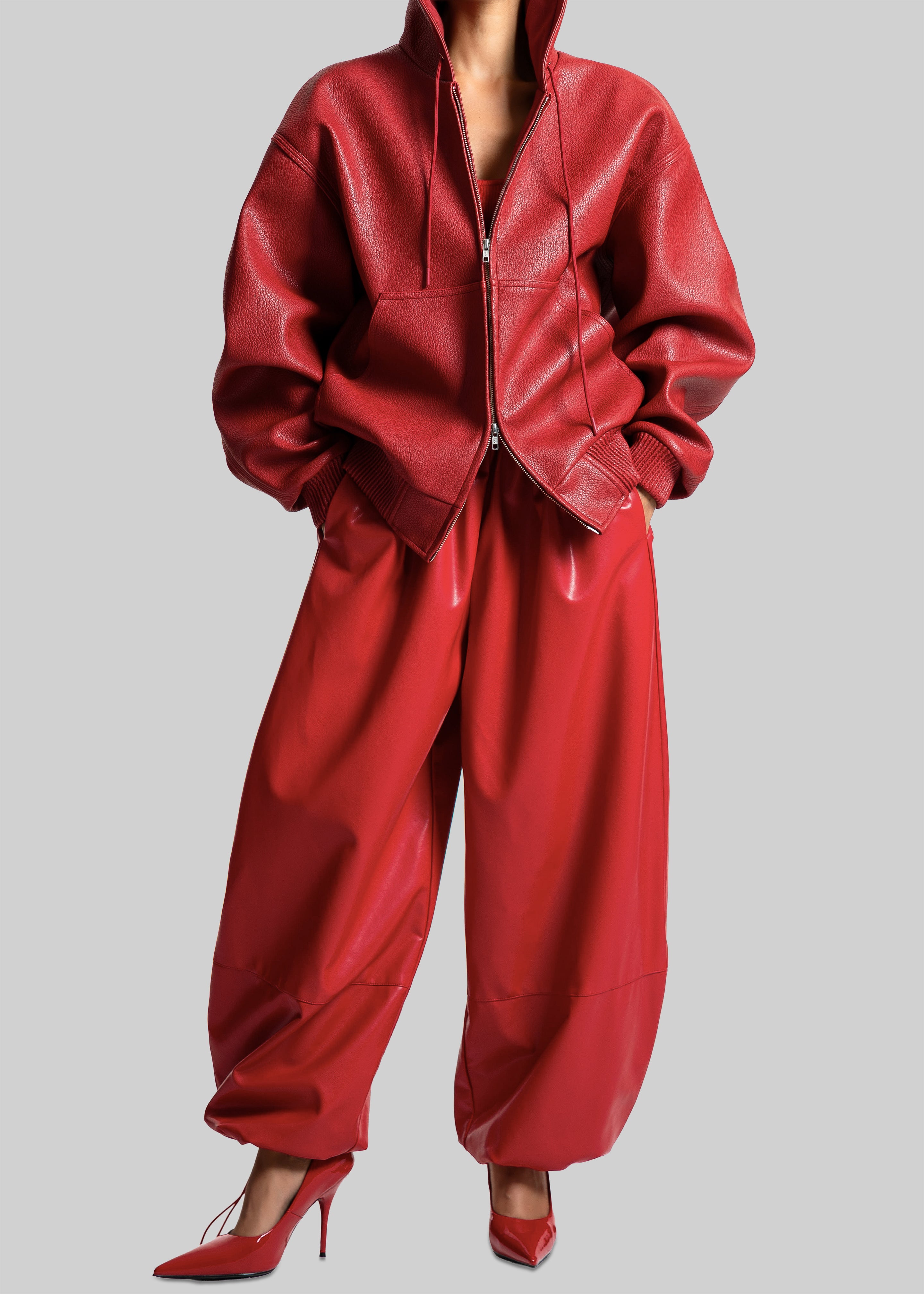 Kodai Faux Leather Bomber Jacket - Red - 4