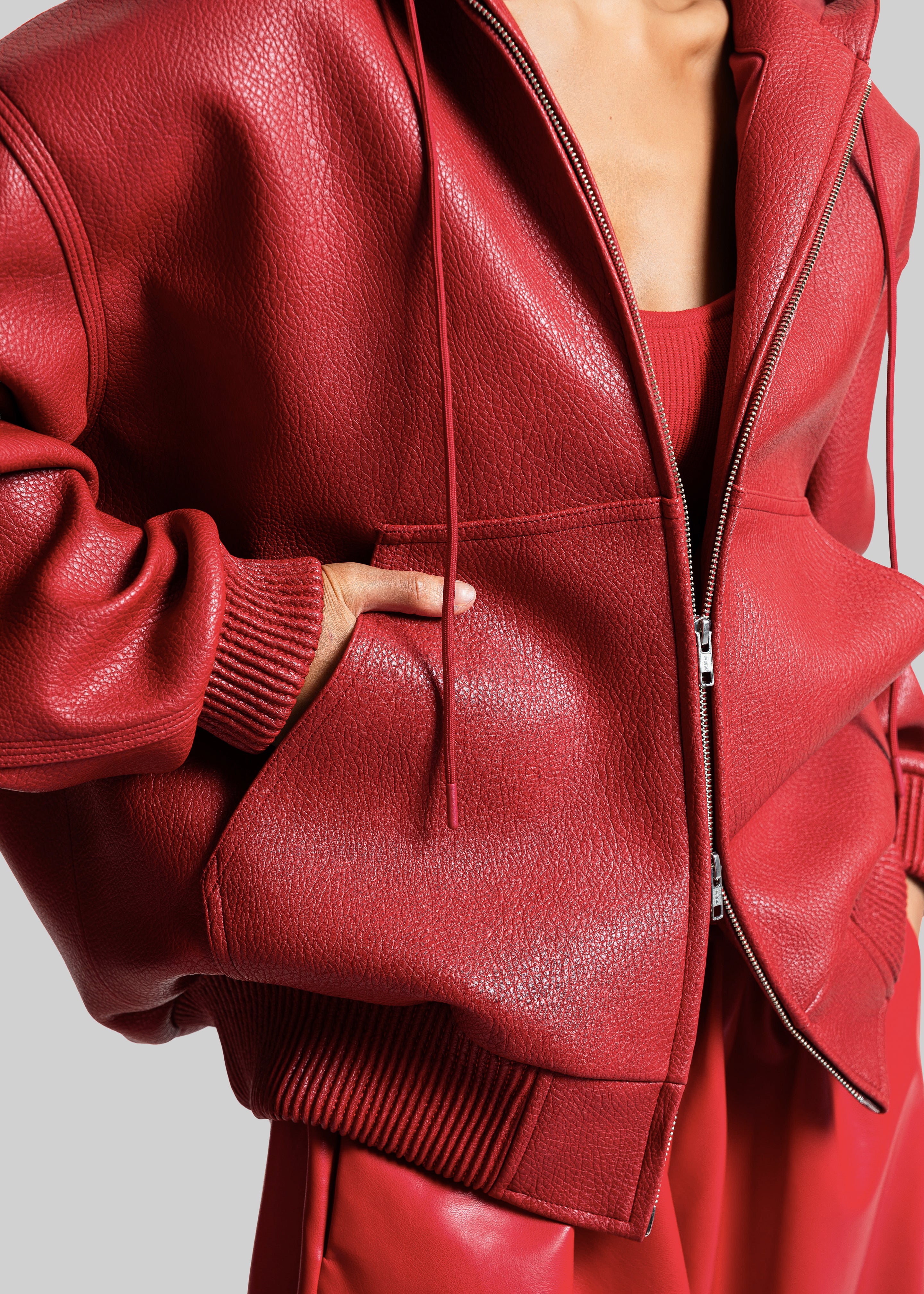 Kodai Faux Leather Bomber Jacket - Red - 3