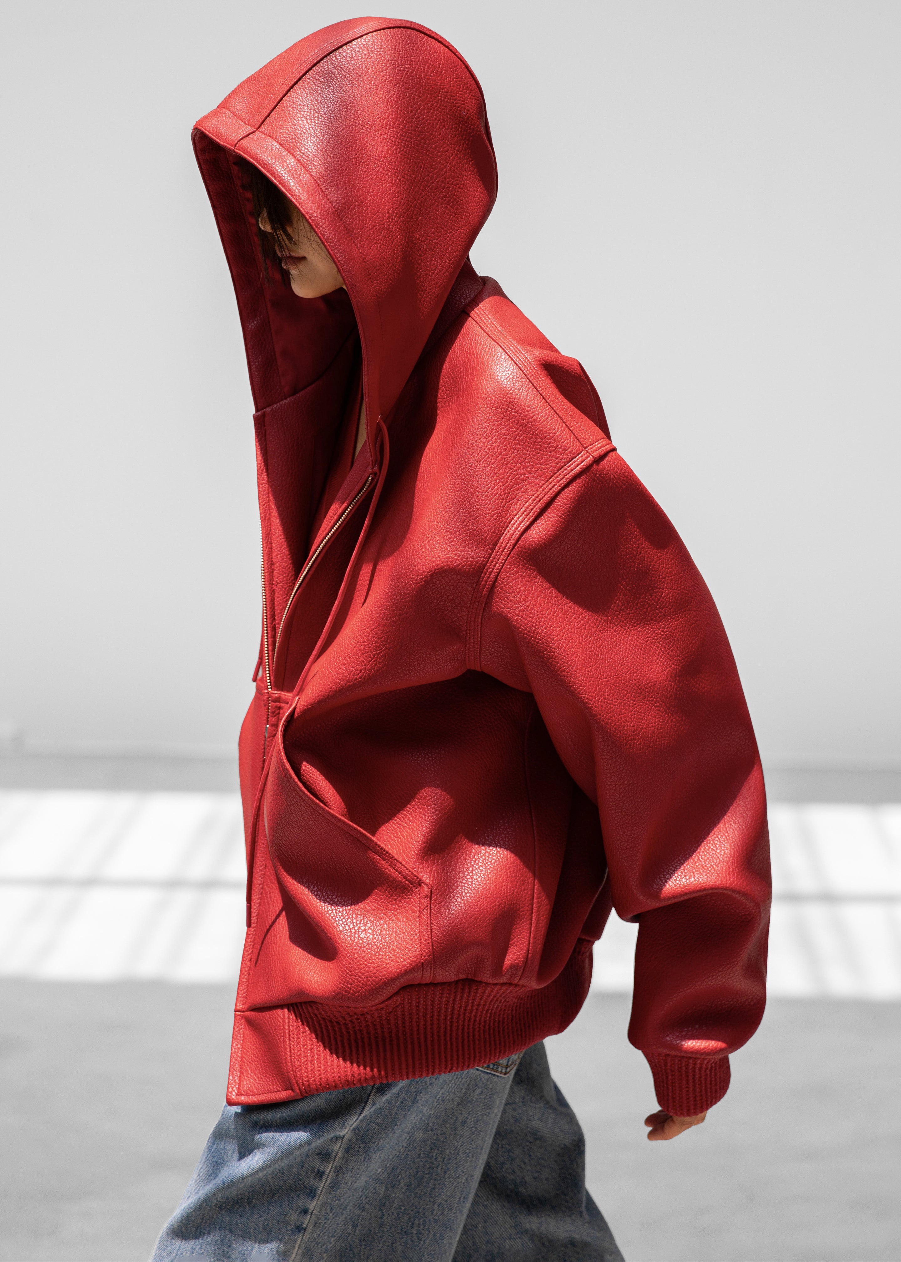 Kodai Faux Leather Bomber Jacket - Red - 2