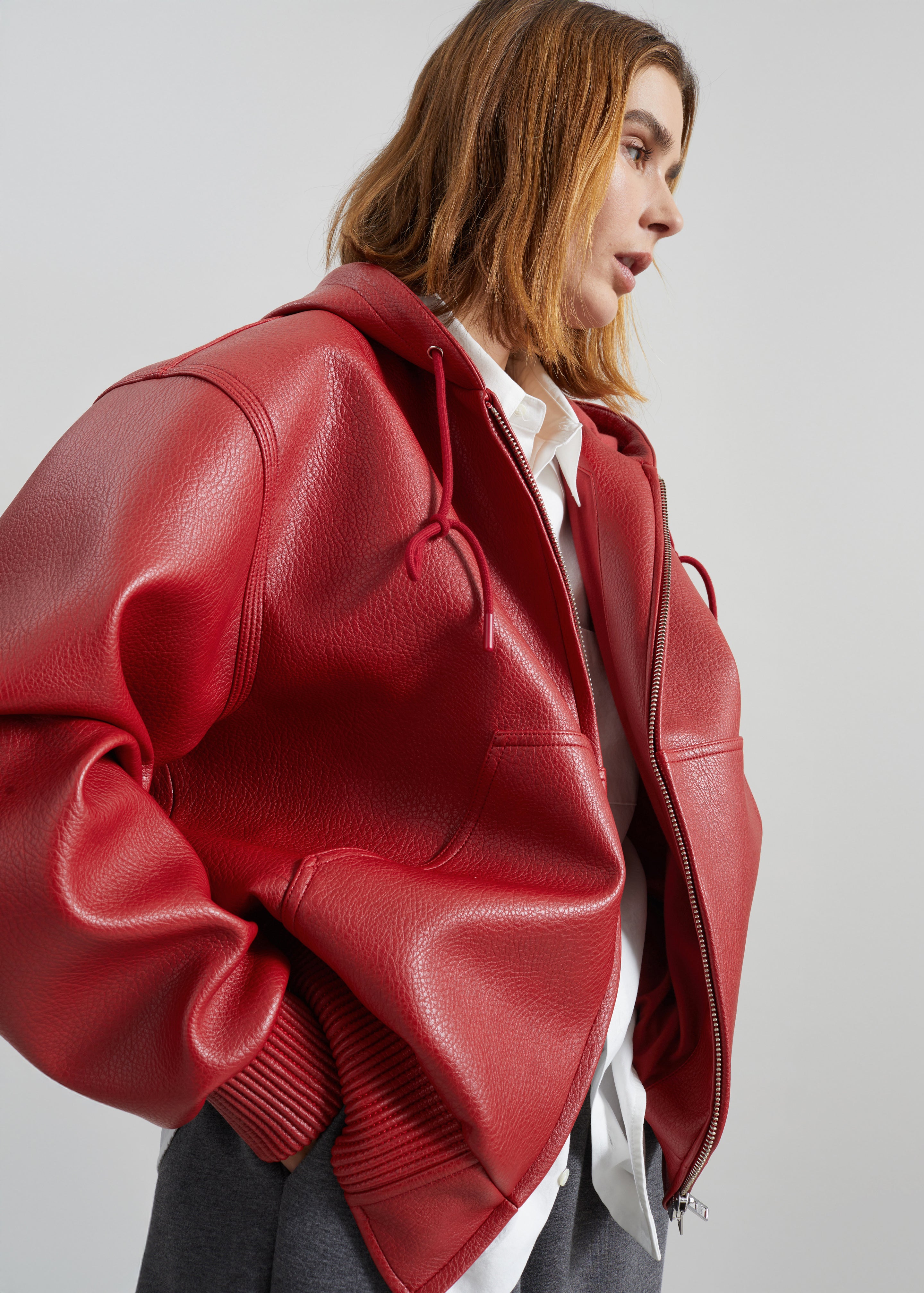 Kodai Faux Leather Bomber Jacket - Red - 8