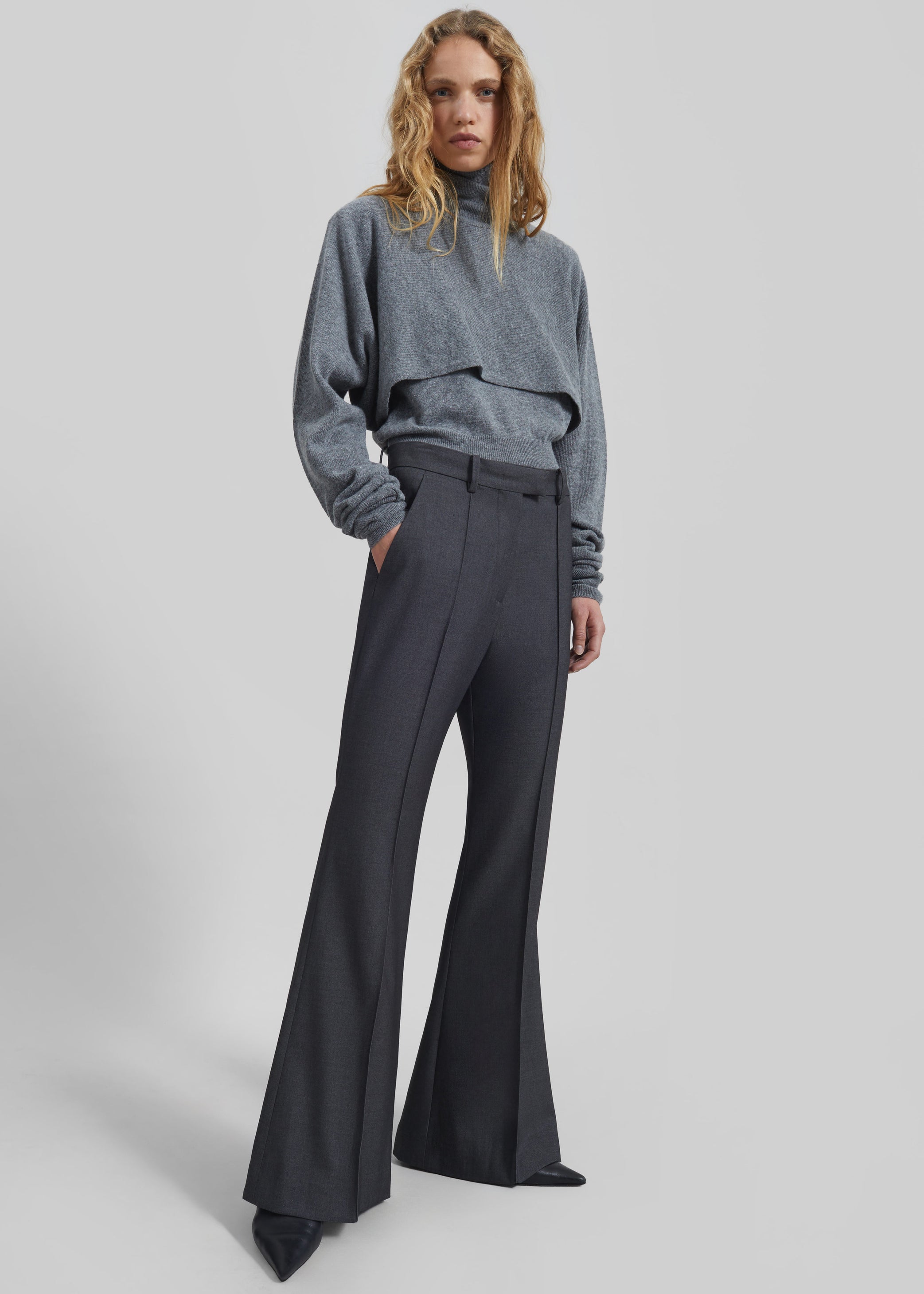 Shop the look image for Kvale Pintuck Flared Trousers - Dark Grey