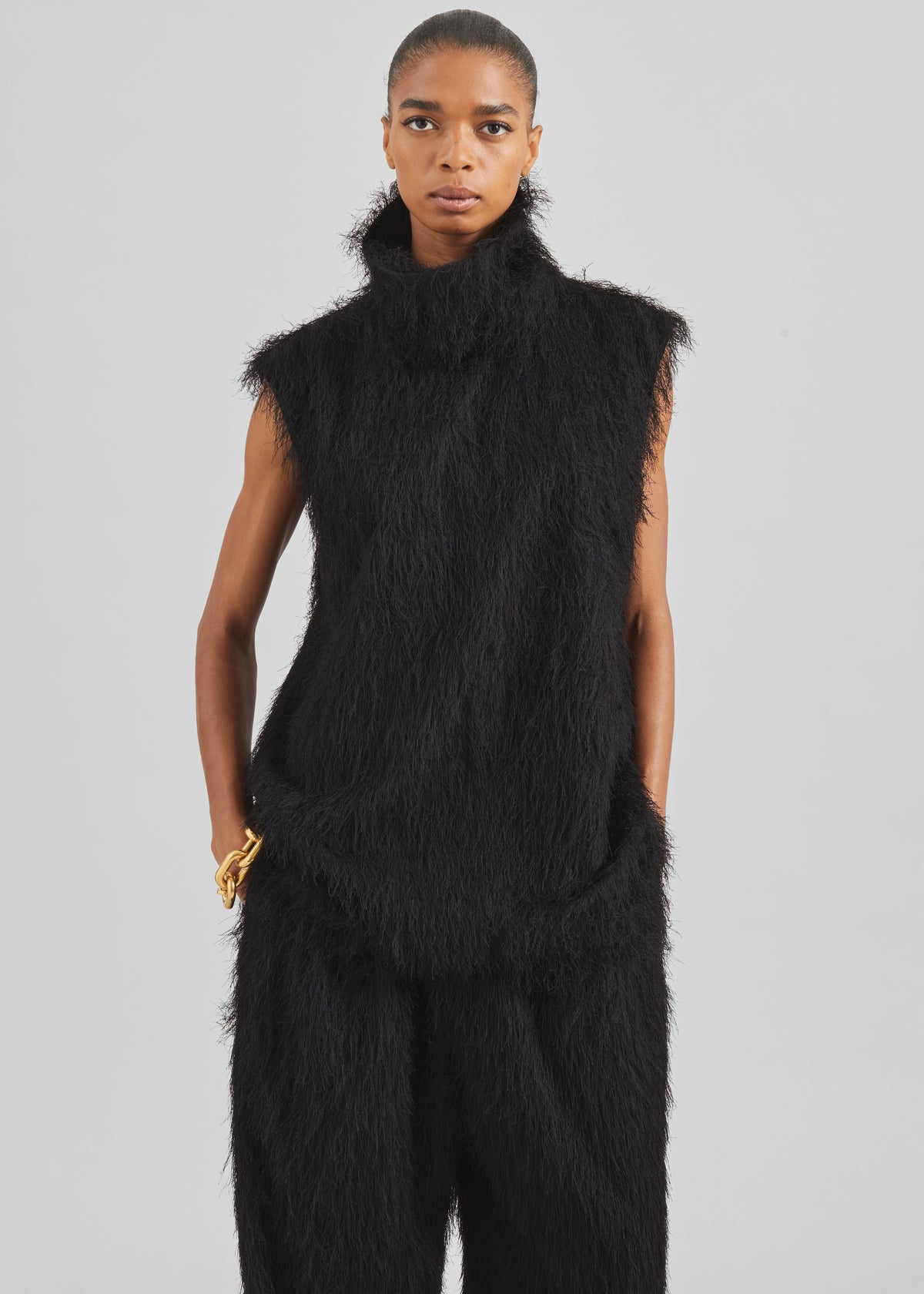 Lancy Fringed Funnel Neck Dress - Black - 3