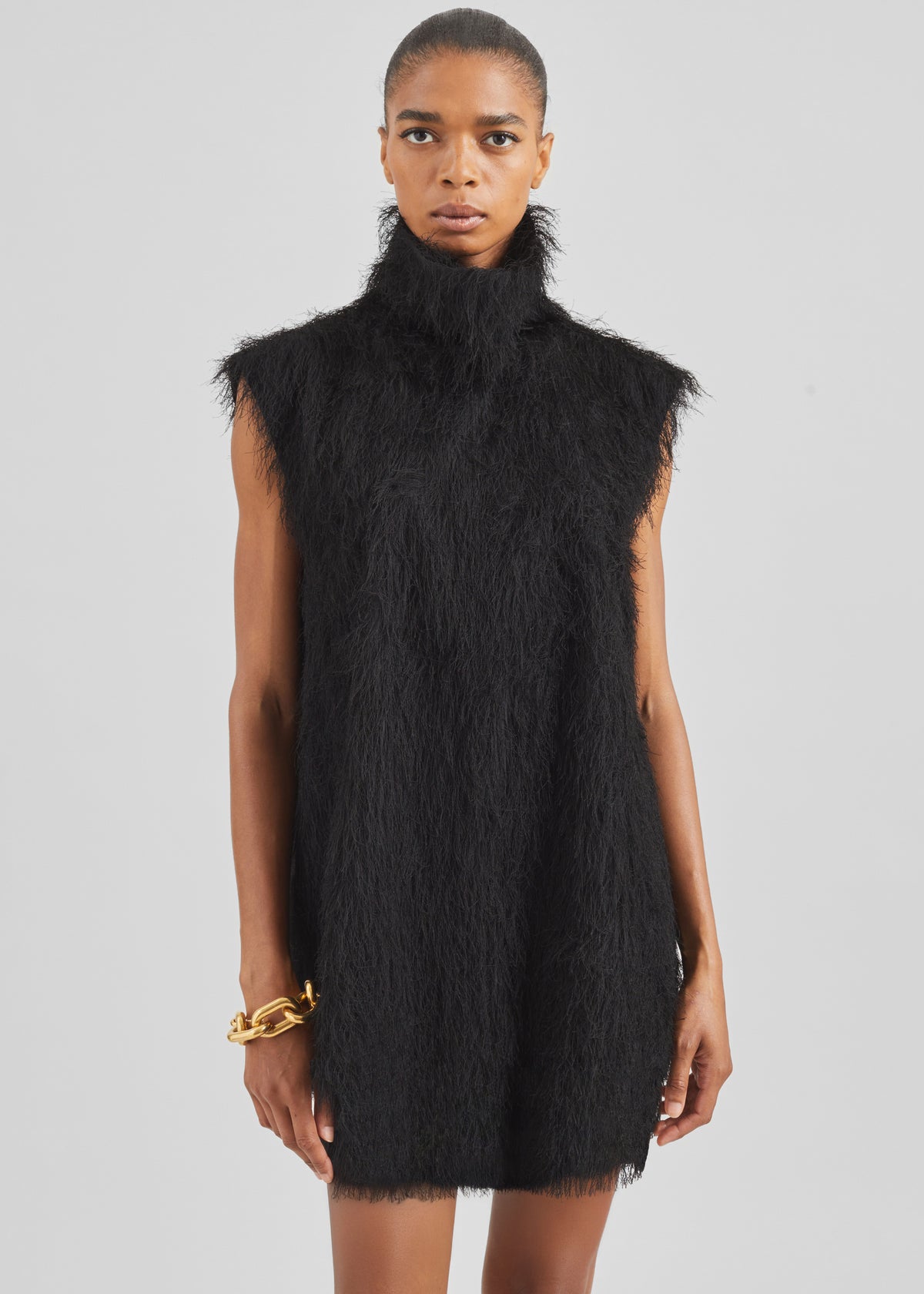 Lancy Fringed Funnel Neck Dress - Black - 4