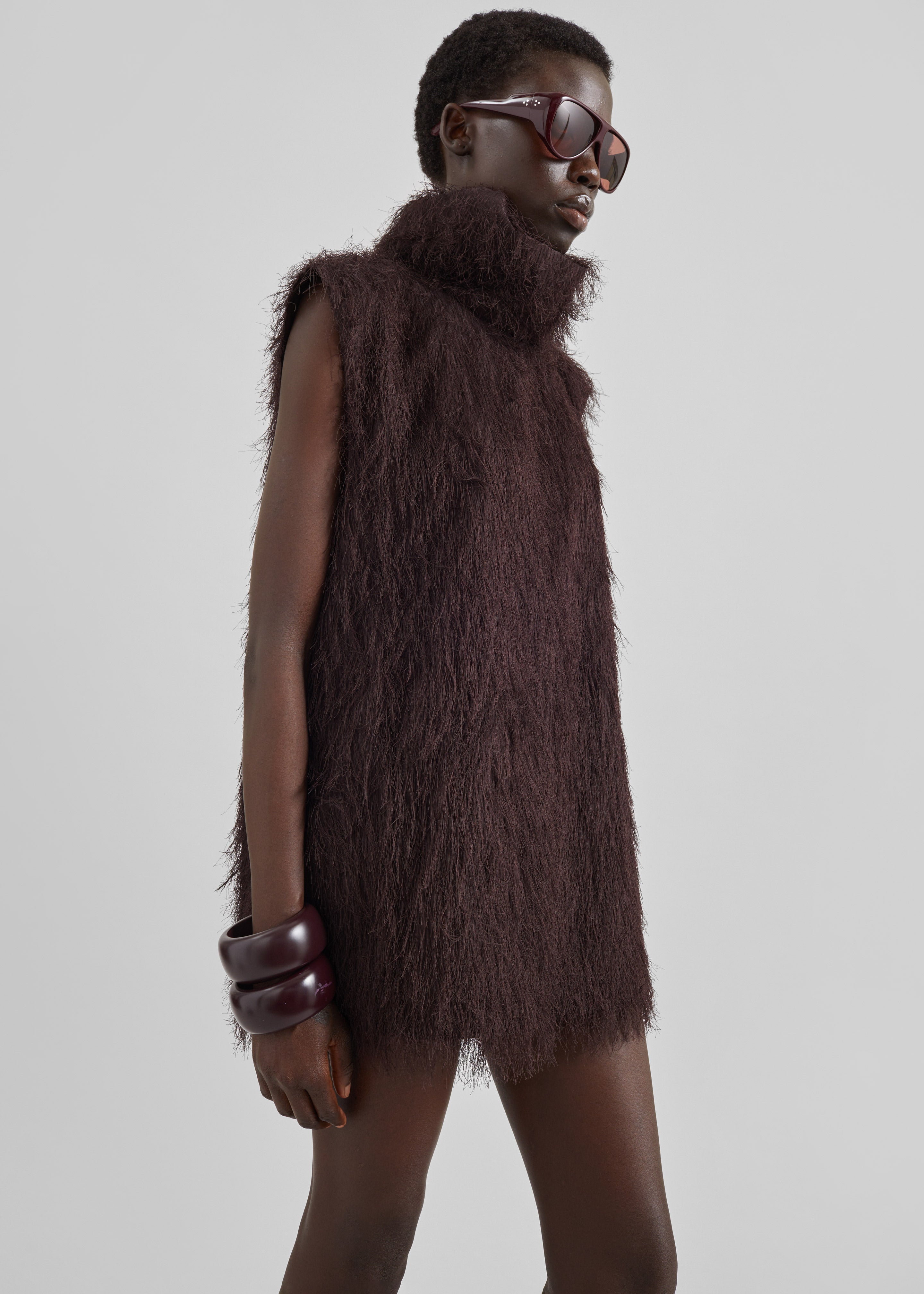 Lancy Fringed Funnel Neck Dress - Dark Brown - 6