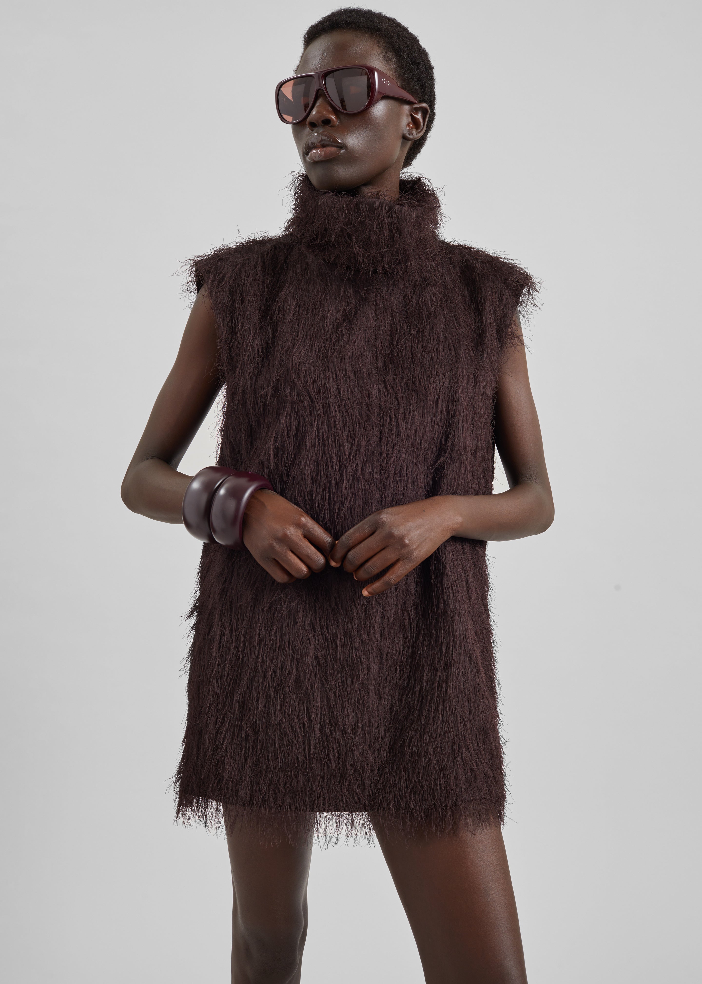 Lancy Fringed Funnel Neck Dress - Dark Brown - 5