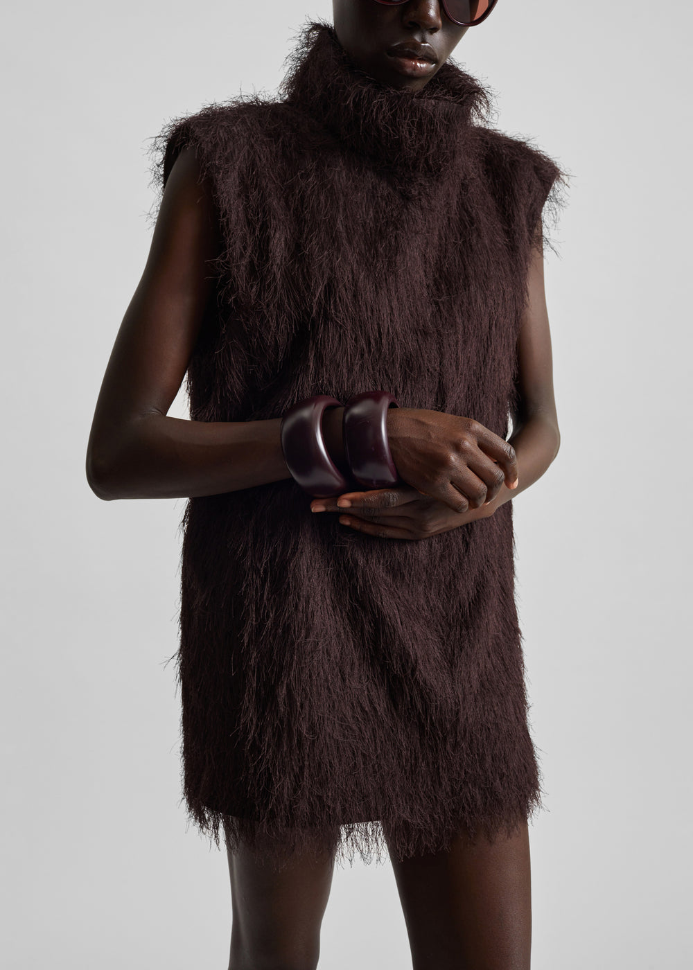 Lancy Fringed Funnel Neck Dress - Dark Brown - 1