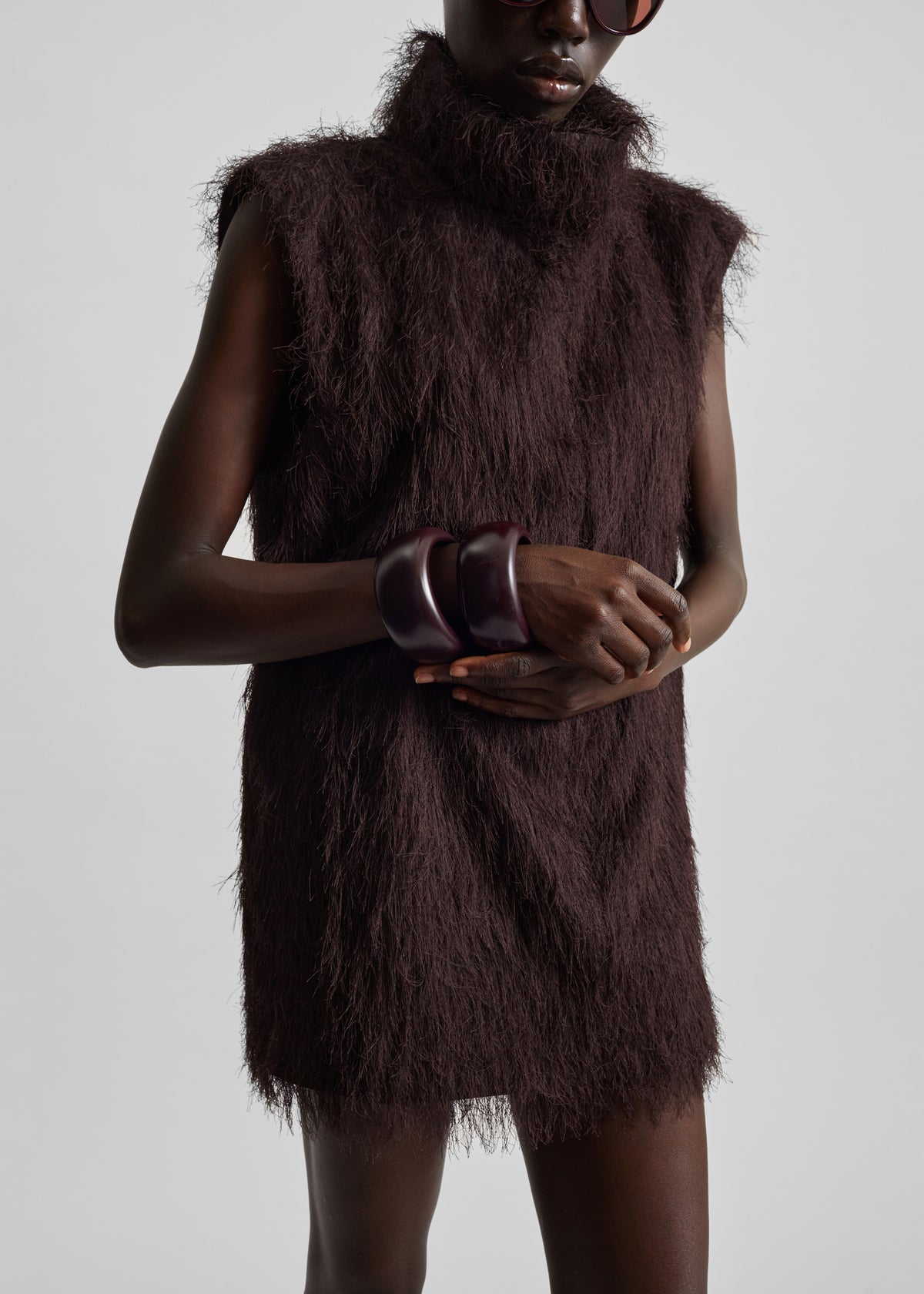 Lancy Fringed Funnel Neck Dress - Dark Brown - 2