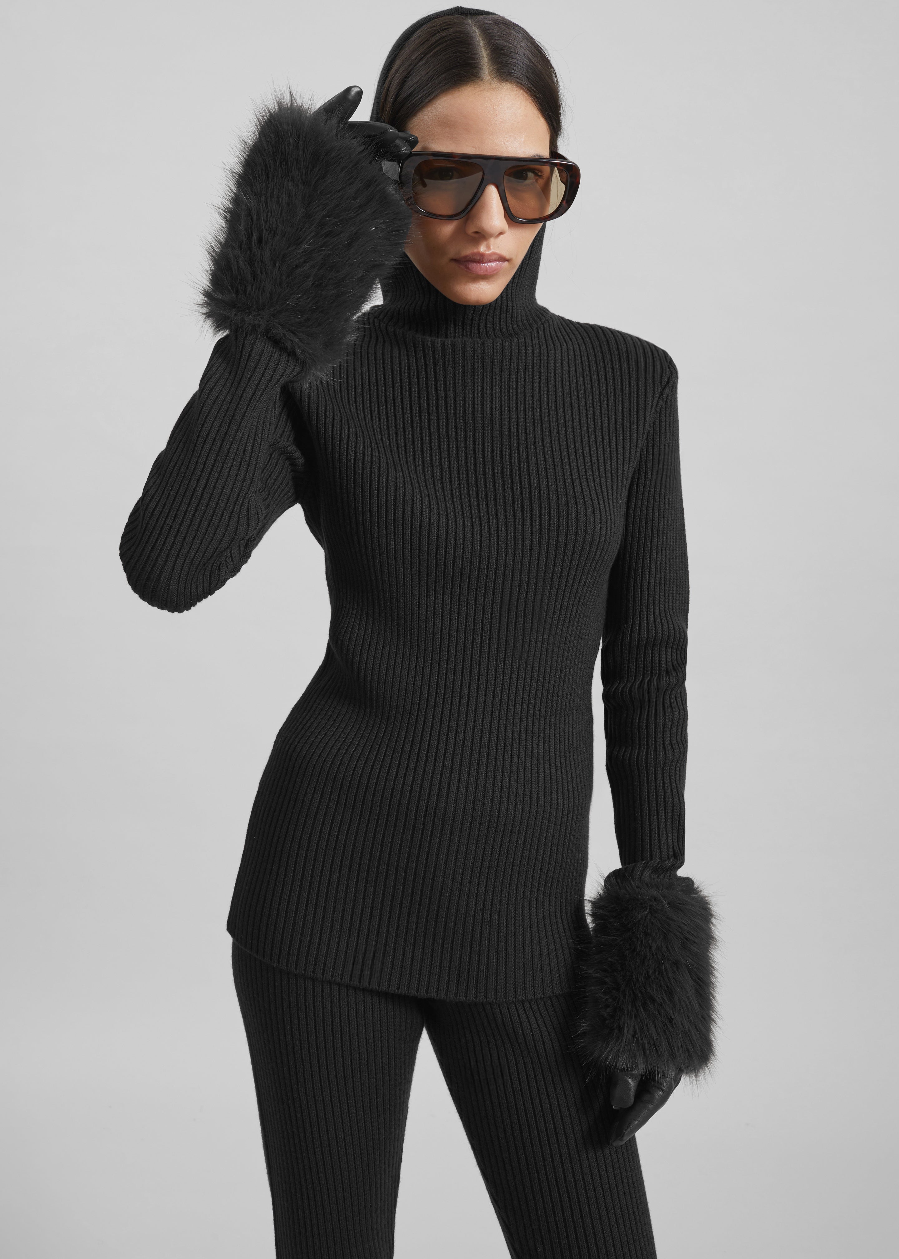 Larice Hooded Knit Top - Black - 7