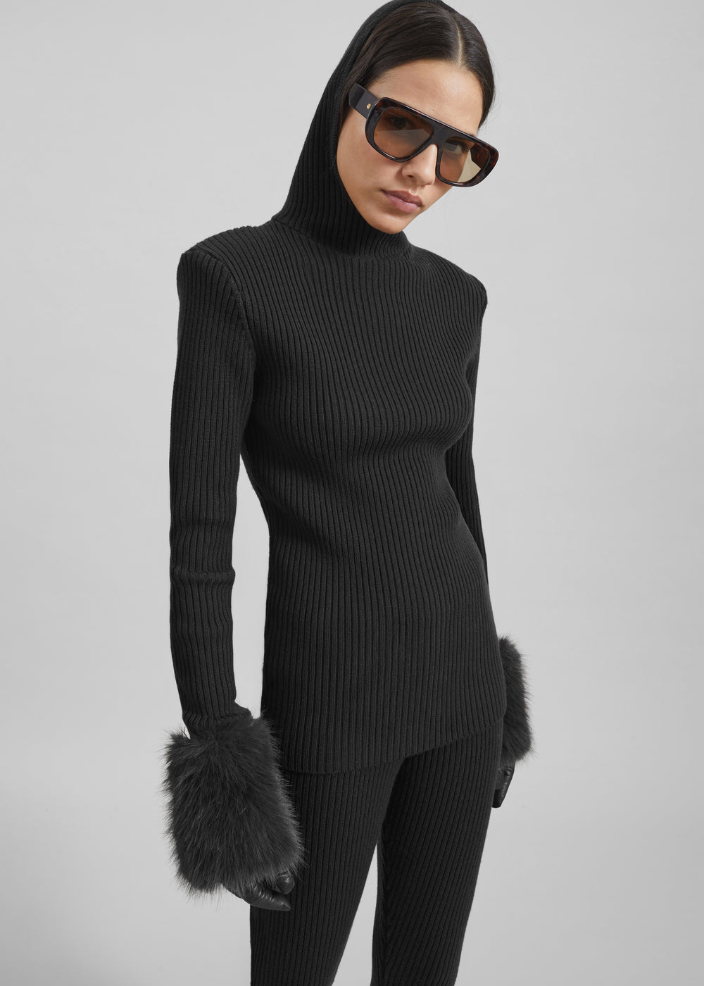 Larice Hooded Knit Top - Black