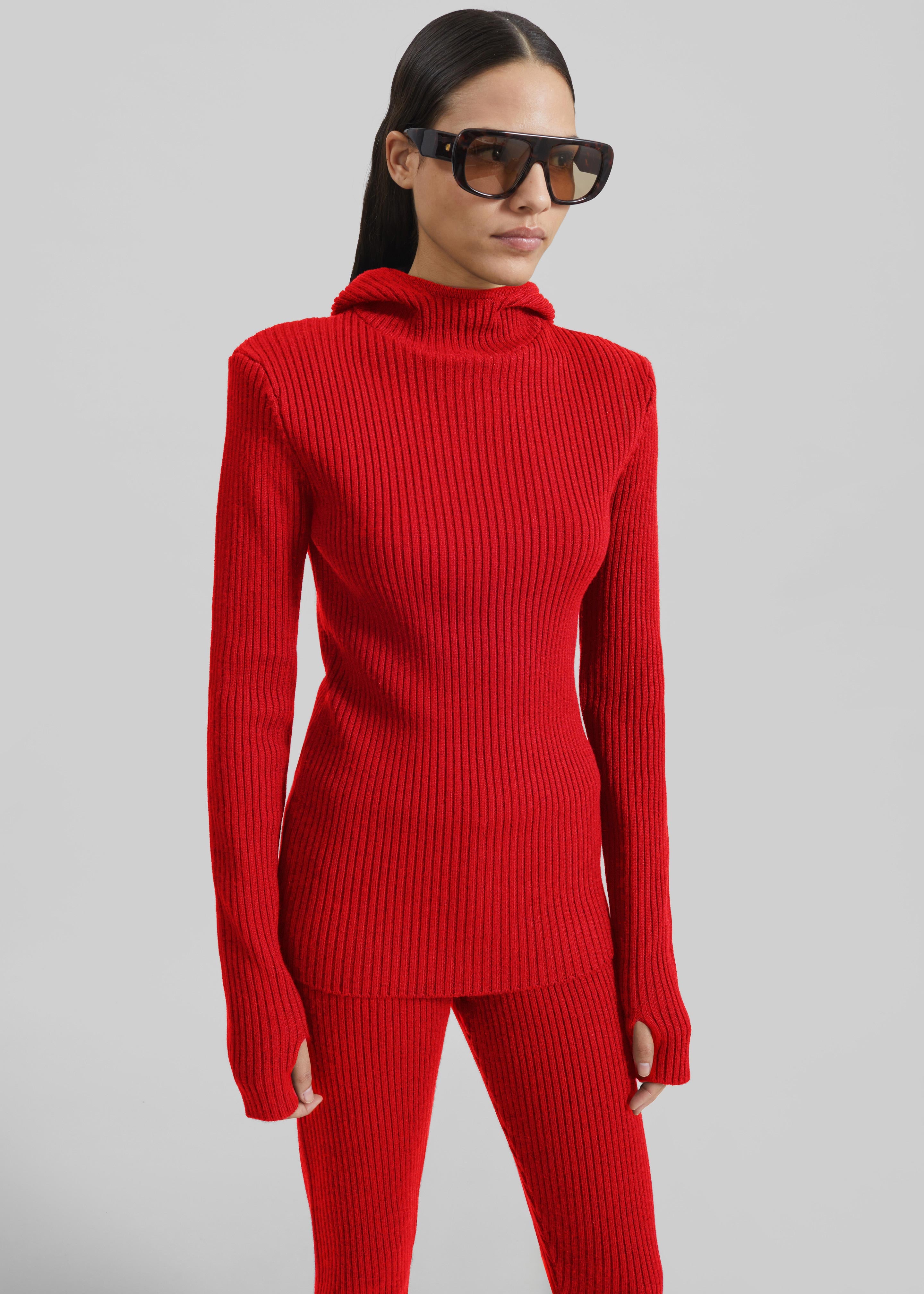 Larice Hooded Knit Top - Red - 3