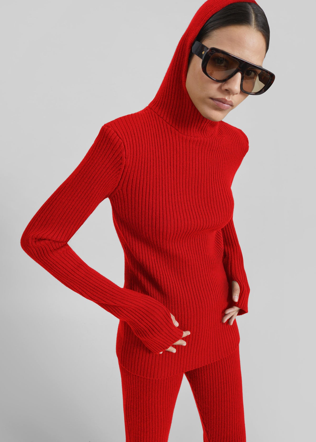 Larice Hooded Knit Top - Red - 1