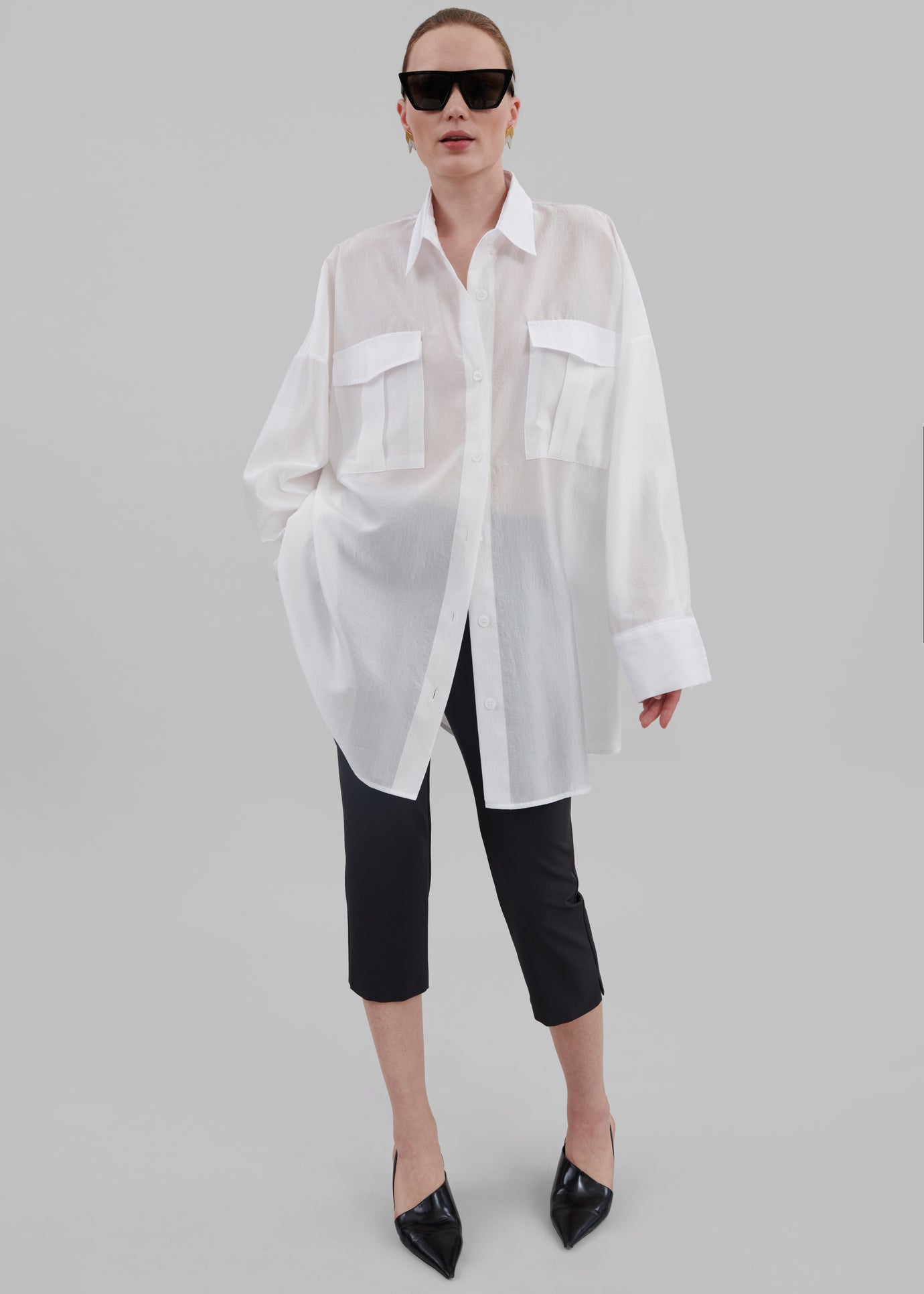 Laure Oversized Sheer Button Up Shirt - White - 1