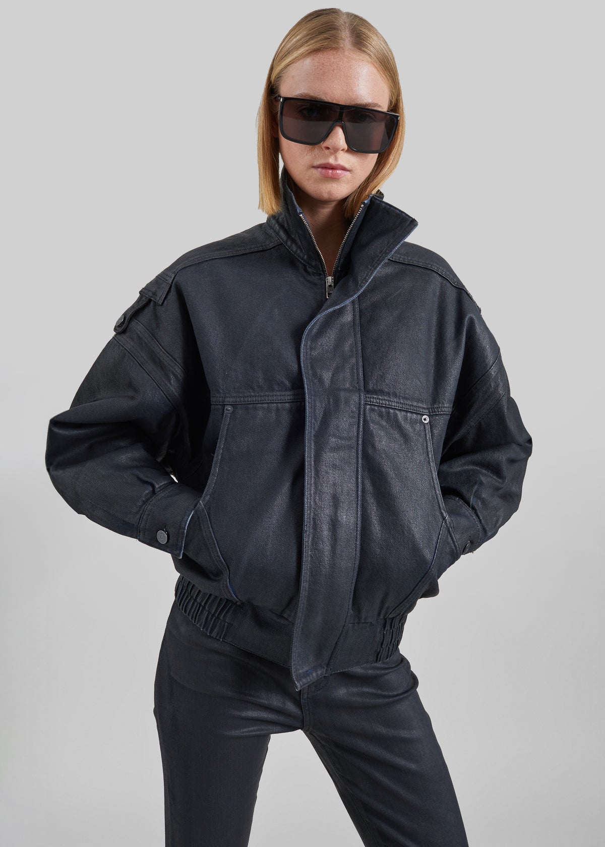 Lenea Coated Denim Batwing Sleeve Jacket - Black