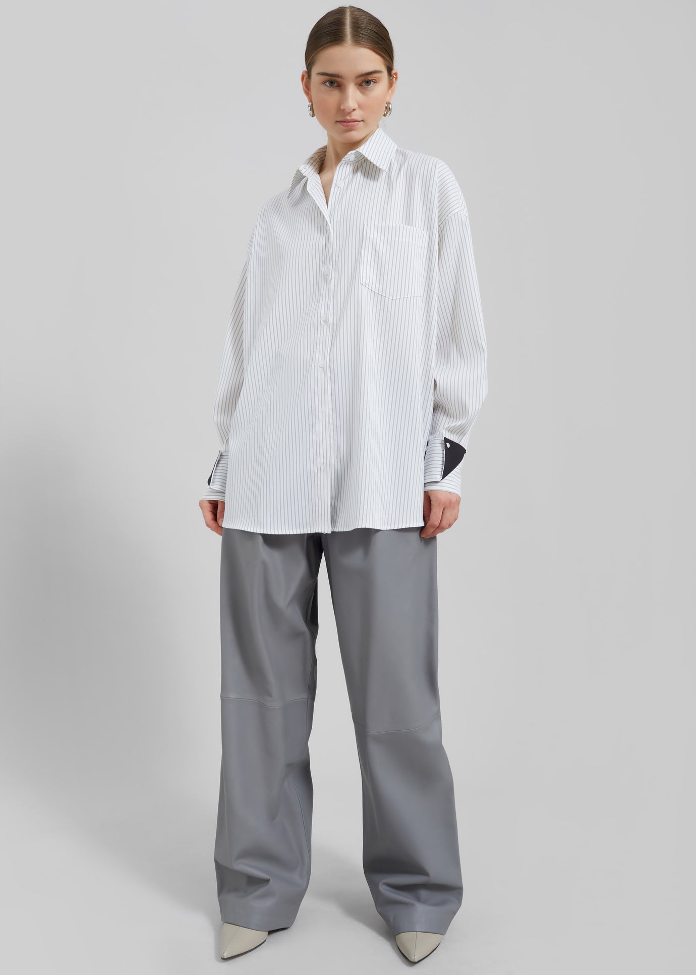 Leona Button Up Shirt - White/Grey Stripe