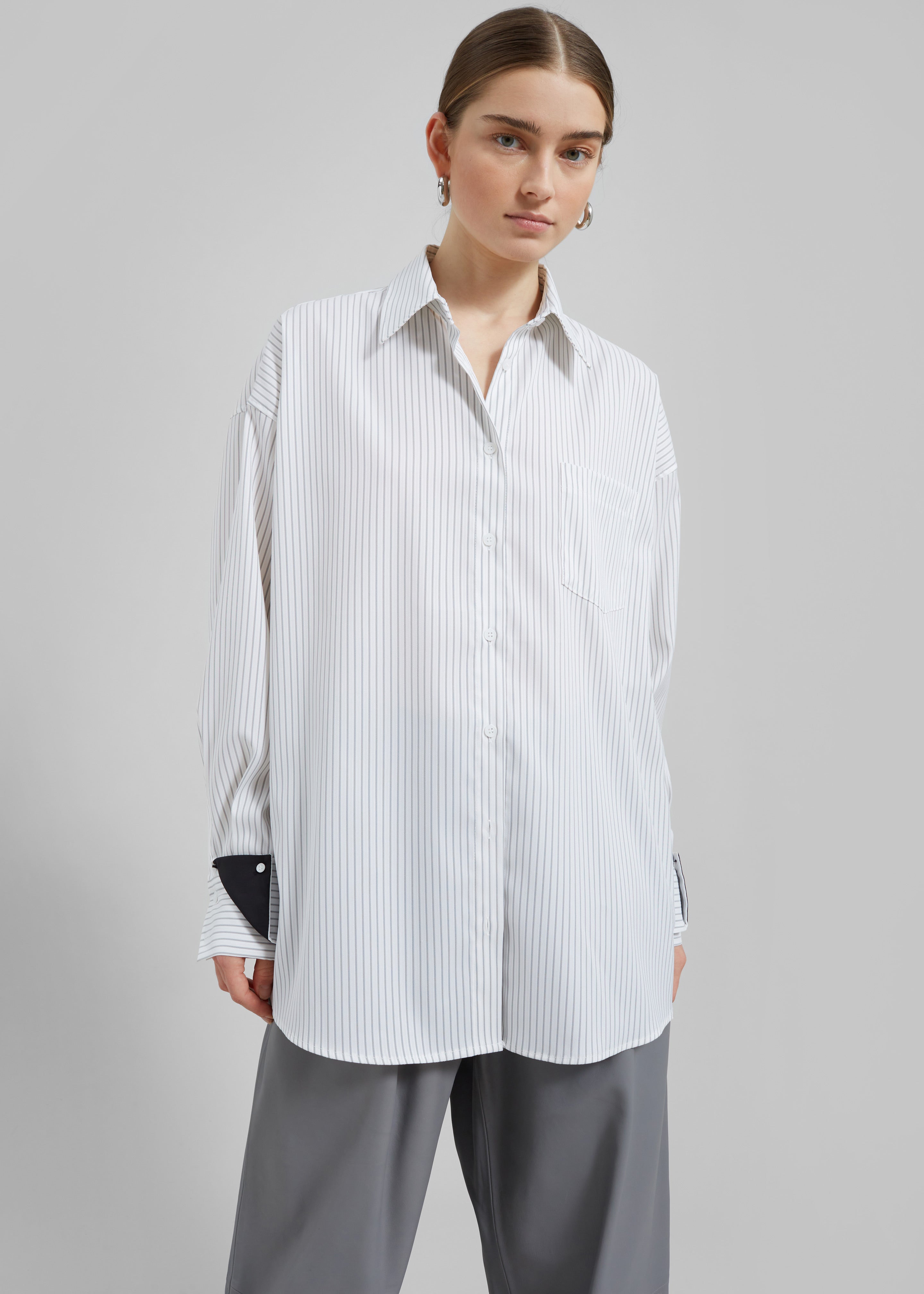 Leona Button Up Shirt - White/Grey Stripe - 4