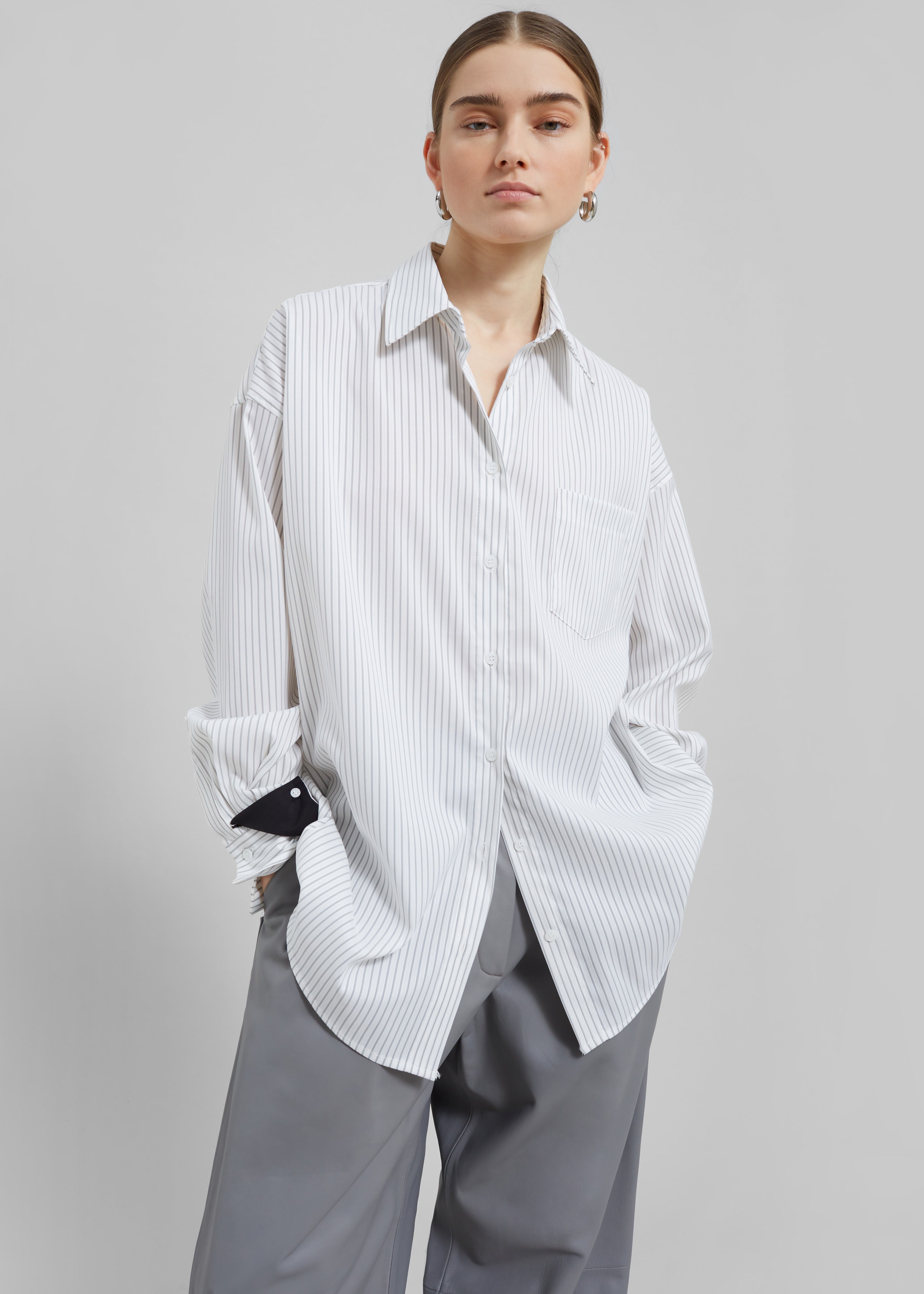 Leona Button Up Shirt - White/Grey Stripe - 3