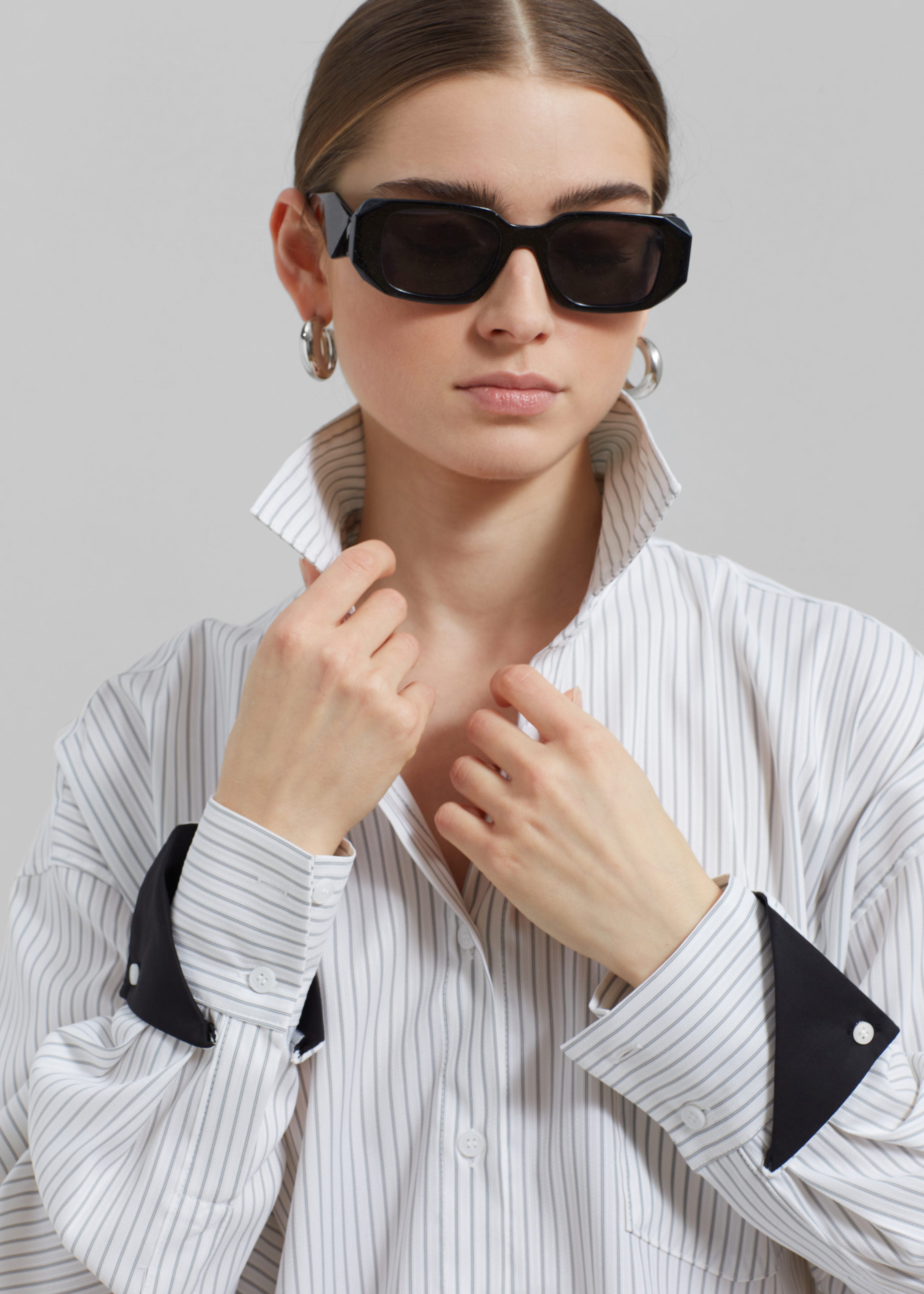 Leona Button Up Shirt - White/Grey Stripe - 2