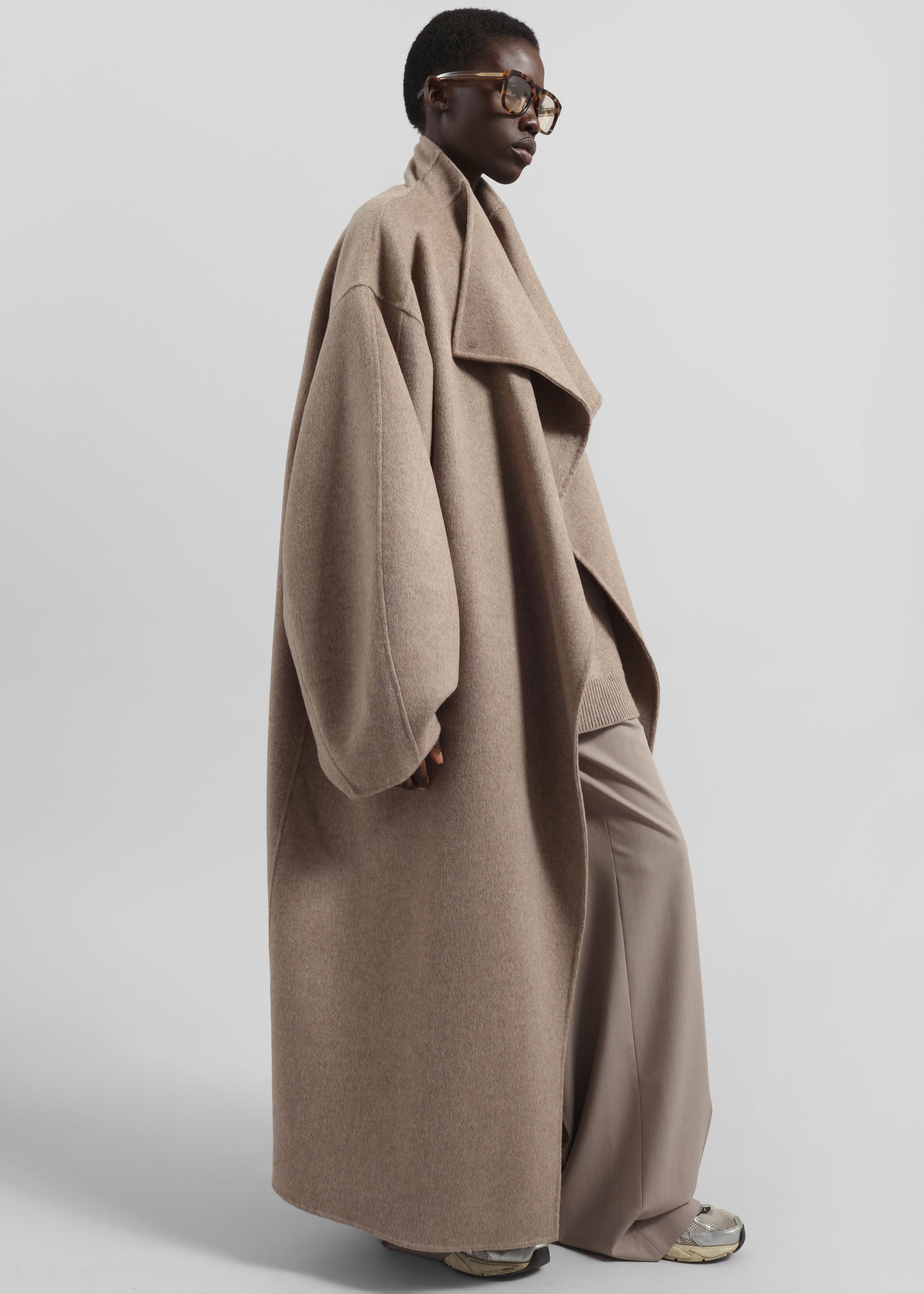 Leroy Funnel Neck Wool Coat - Taupe Melange - 2