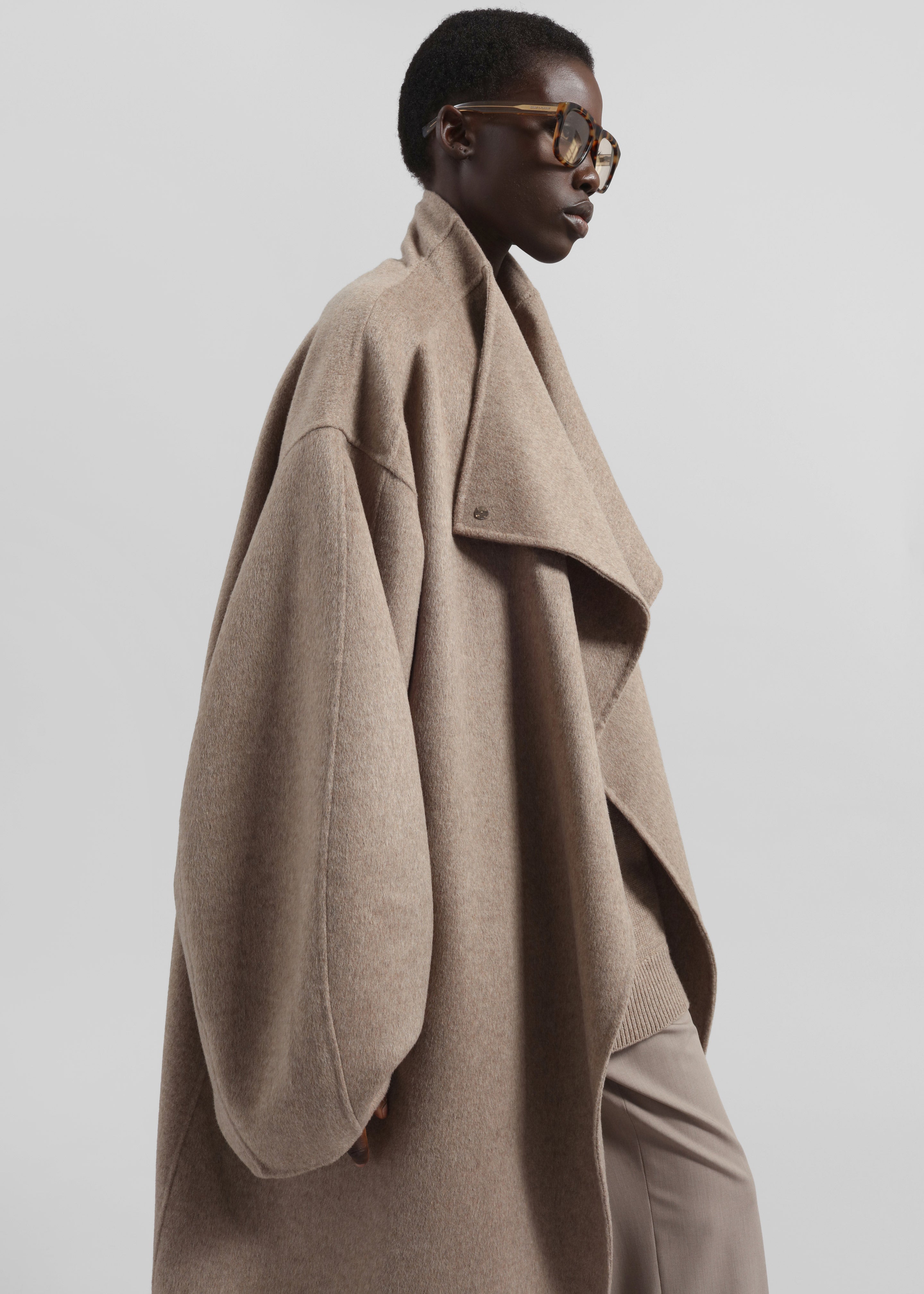 Leroy Funnel Neck Wool Coat - Taupe Melange - 5