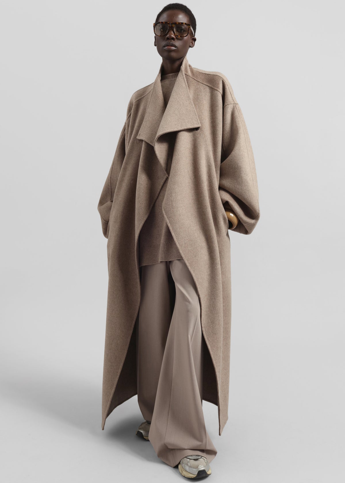 Leroy Funnel Neck Wool Coat - Taupe Melange - 1
