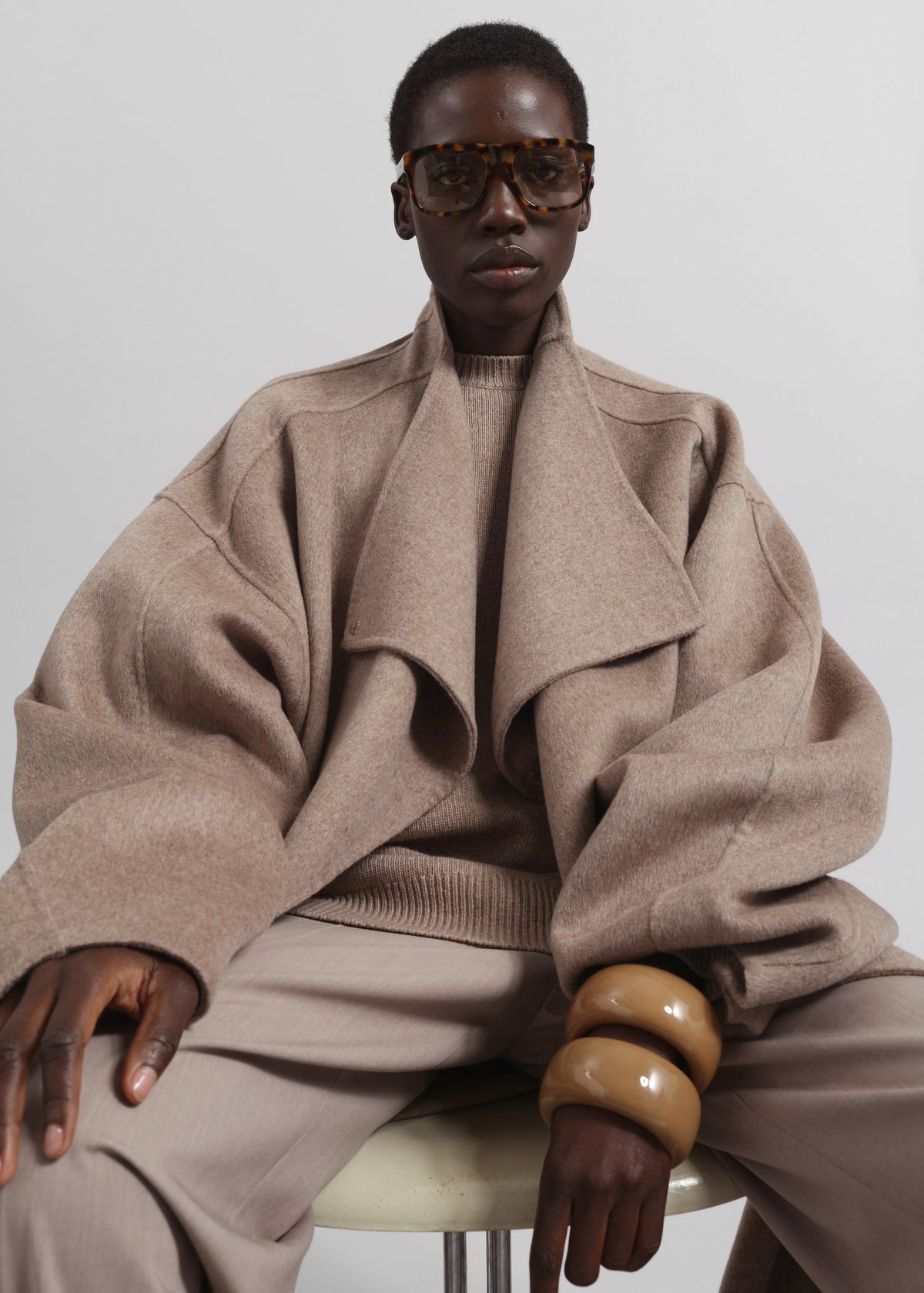 Leroy Funnel Neck Wool Coat - Taupe Melange - 3