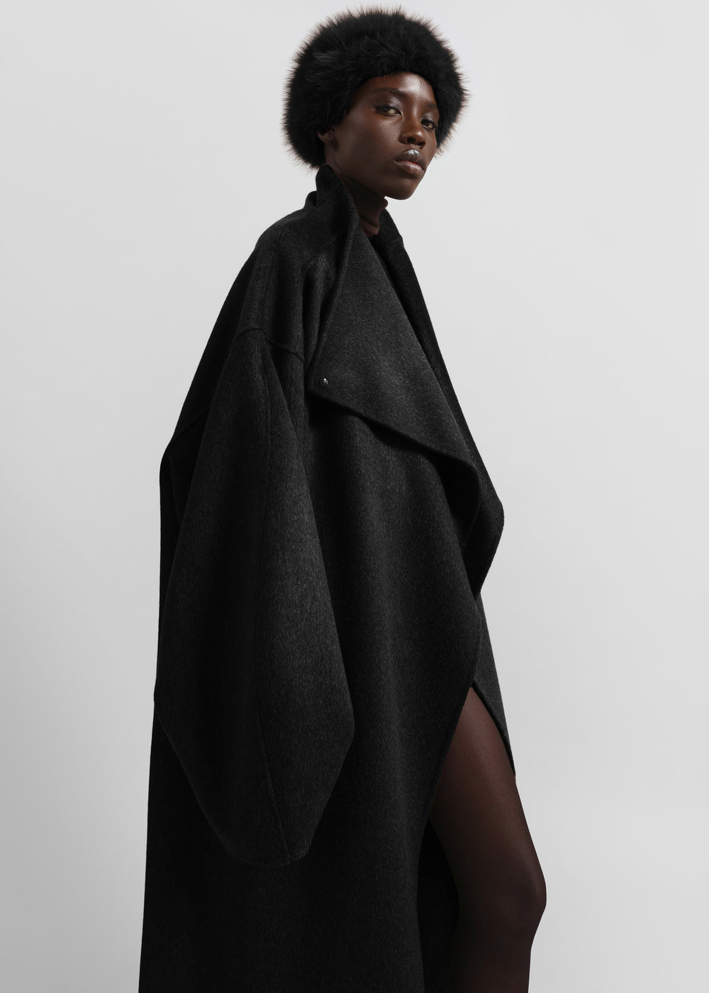 Leroy Funnel Neck Wool Coat - Black - 1