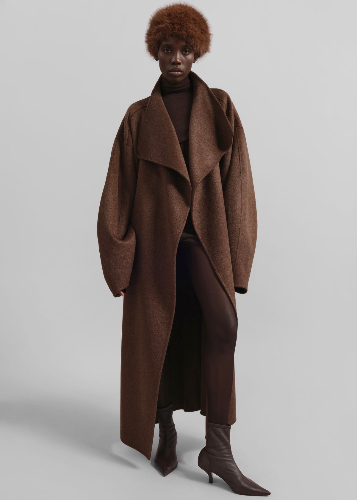 Leroy Funnel Neck Wool Coat - Brown Melange - 4