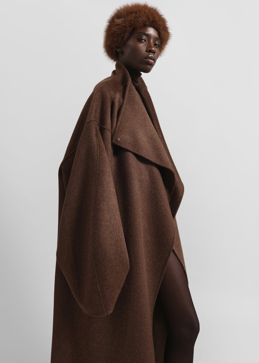 Leroy Funnel Neck Wool Coat - Brown Melange - 1