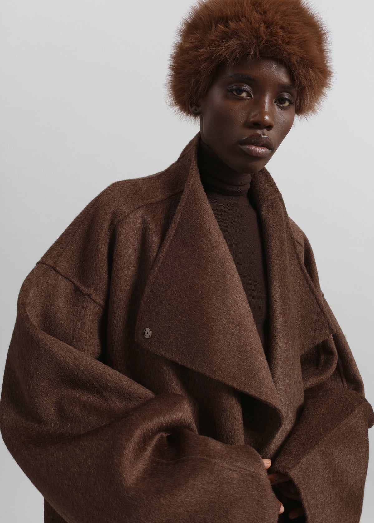 Leroy Funnel Neck Wool Coat - Brown Melange - 5